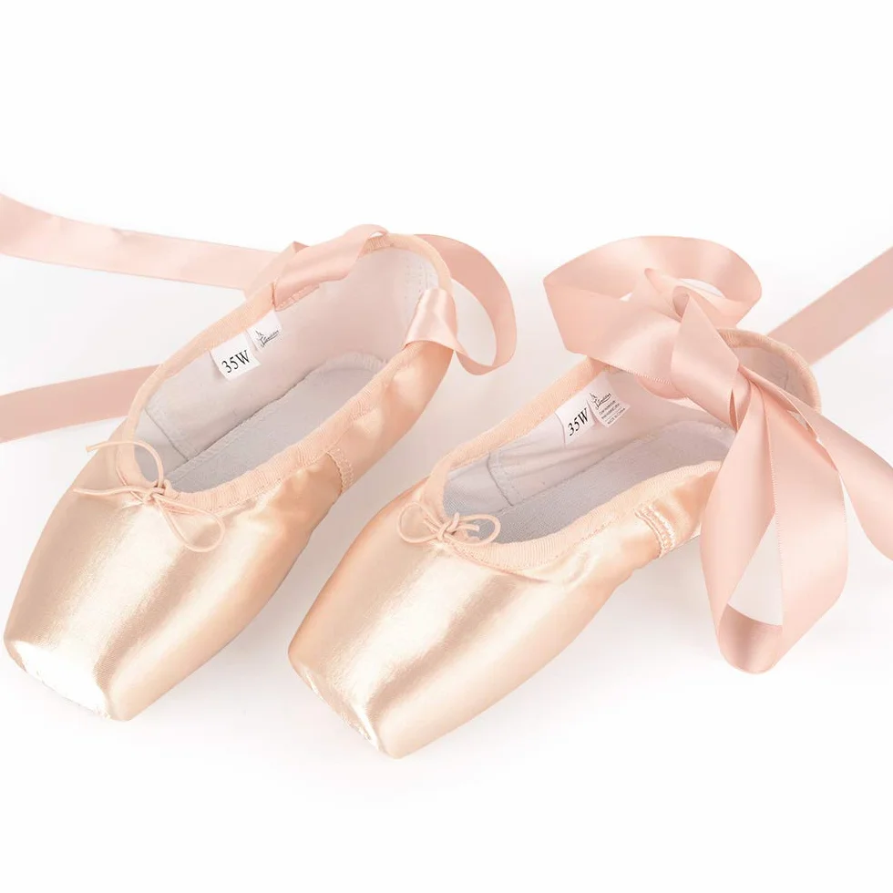 Soudittur Ballett Spitzenschuhe Satin Professionelle Tanzschuhe Rosa Ballerinas mit Aufgenähten Bändern und Spitzenschoner für Damen Mädchen (Bitte wählen Sie eine Nummer größer)