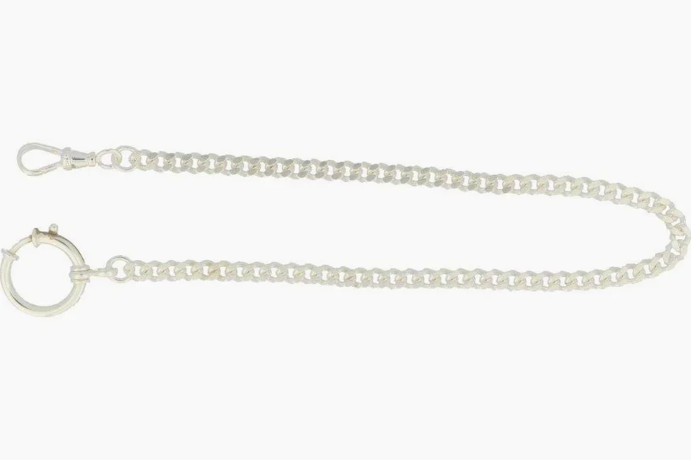 Taschenuhrkette echt 925 Silber u. a. für Taschenuhren, 30 cm lang Flachpanzer 5 mm mit Federring und drehbarem Karabiner
