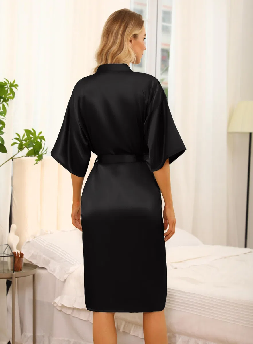 Lovasy Satin Bademantel Damen Lang Leicht Japanisch Kimono Jacke mit Gürtel Sexy Morgenmantel für Hochzeit Braut Party