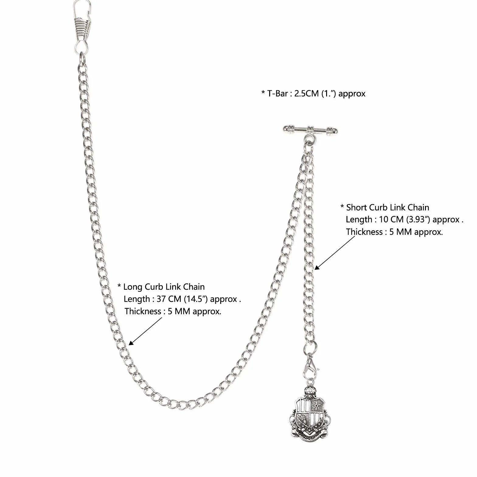 TREEWETO Taschenuhrkette mit T Bar Endstück Albert T-Bar Taschenuhr Kette mit Antiker Schild-Anhänger und 2 Haken für Weste Knopfloch