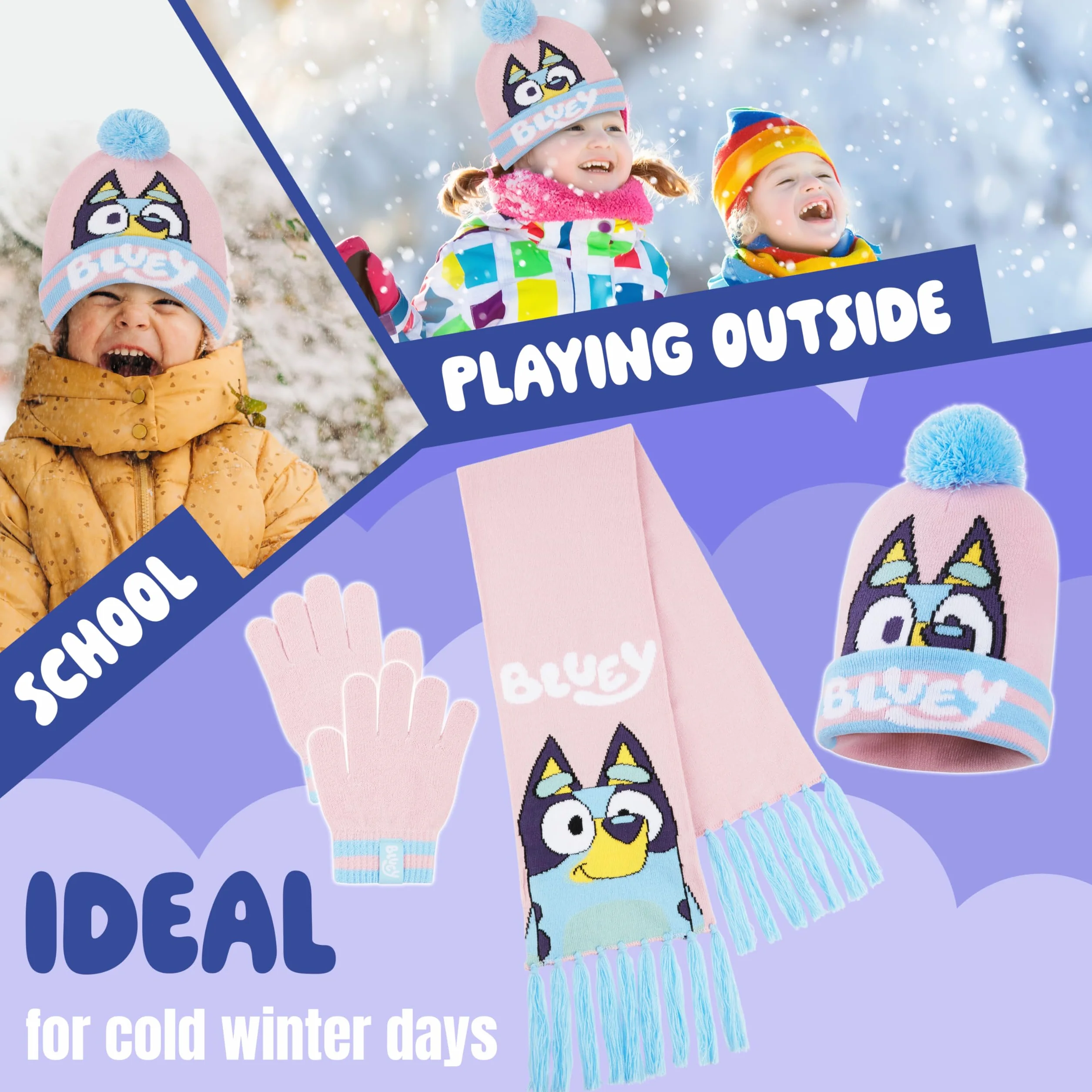 Bluey Mädchen Winter Accessoires Set, Mütze, Schal & Handschuhe oder Beanie & Handschuhe - Geschenke für Kinder