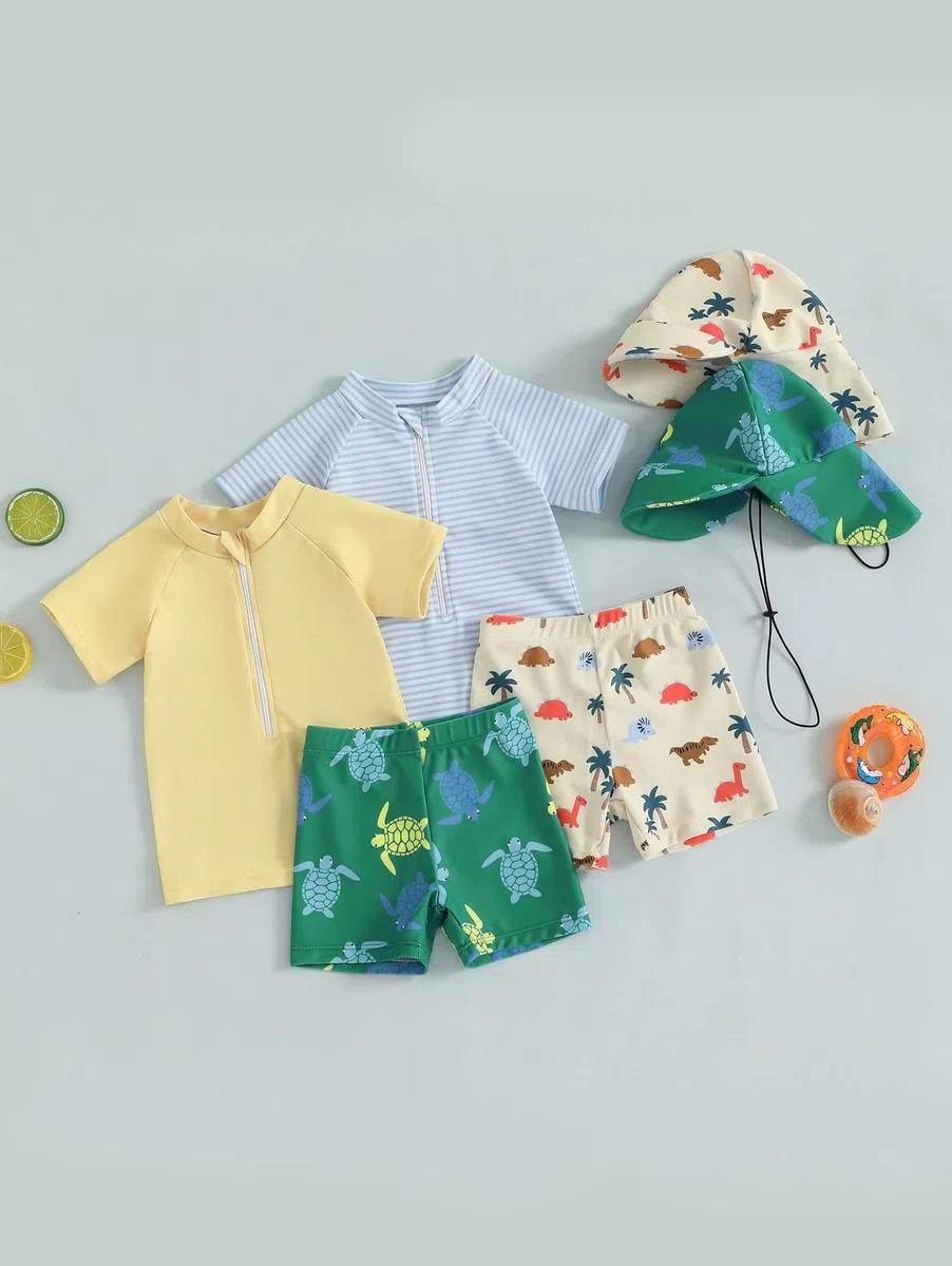 2-teilig Kleinkind Baby Jungen Badeanzug UPF 50+ UV-Schutz Kurzärmel T-Shirt + Badeshorts mit UV-Schutz Sonnenhut Rashguard Reißverschluss Badeset Schwimmanzug