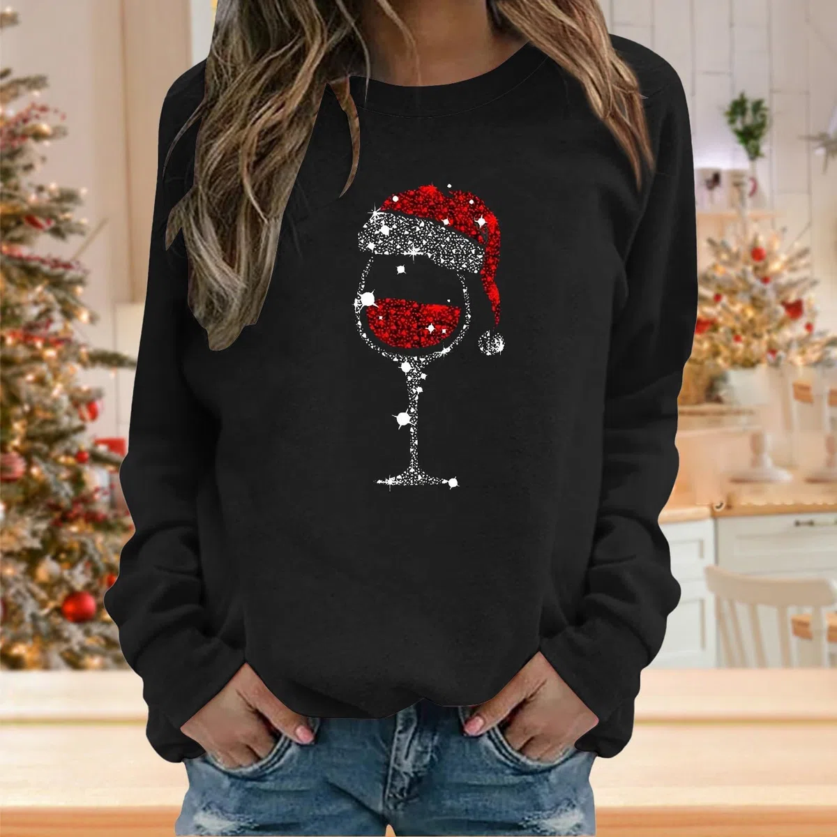 Weihnachtspullover Damen Lustig Rotwein Glas Druck Sweatshirt Oversized Rundhals Langarm Ugly Weihnachten Pullover Christmas Oberteile Frauen Xmas Pulli Tops