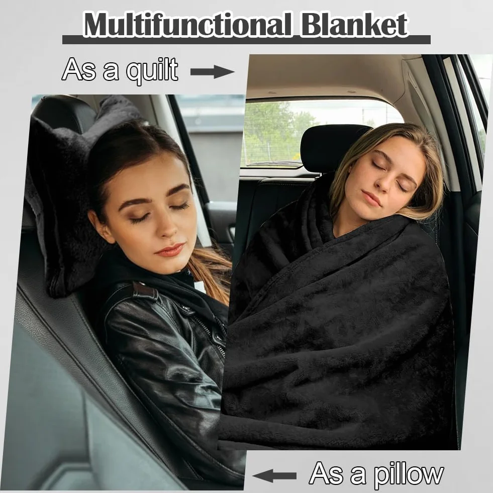 Weiche & Warme Reisedecke für Flugzeug & Auto, Reisedecke Kissen 2 in 1, 152 x 127 cm Weiche Flugzeugdecke, Ultraleichte Kuscheldecke Kompakte Decke für Flugzeug, Auto, Büro, Zuhause (Schwarz)