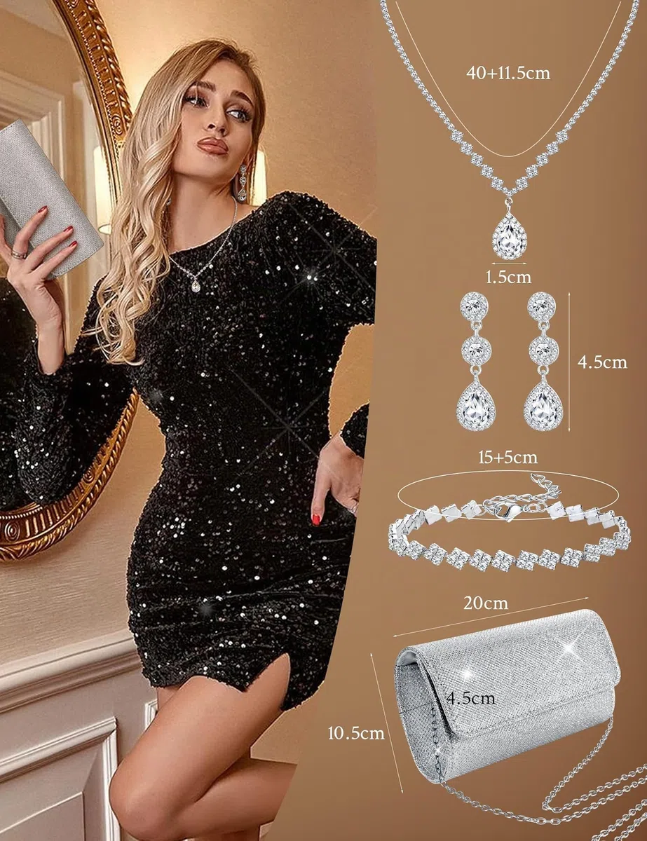 JeryWe 4Pcs Silberne Clutch Schmuck-Set für Frauen Abend Rhinestone Geldbörse Zubehör für Frauen Braut Hochzeitsschmuck