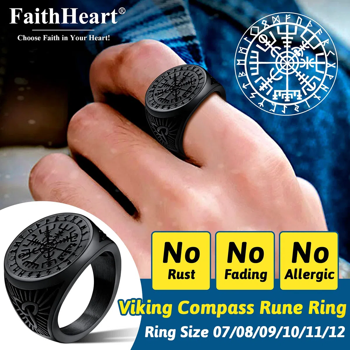 FaithHeart Viking Vegvisir Fingerring in Rundform， Vintag Kompass Fingerring mit Rune Symbol， Retro Skandinavischer Ring mit Gravur für Weihnachten Geburtstag