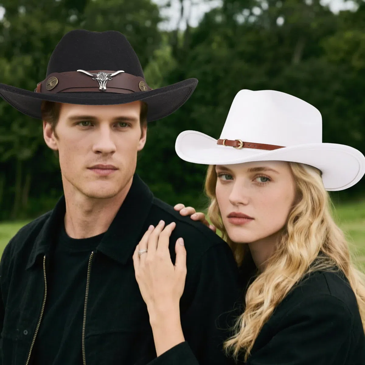 2 Stück Cowboyhut Damen Herren Westernhut mit 4 Stück Lederhutband,Fedora Hut Breiter Krempe Cowboyhüte Stilvoll,Schwarz und Weiß