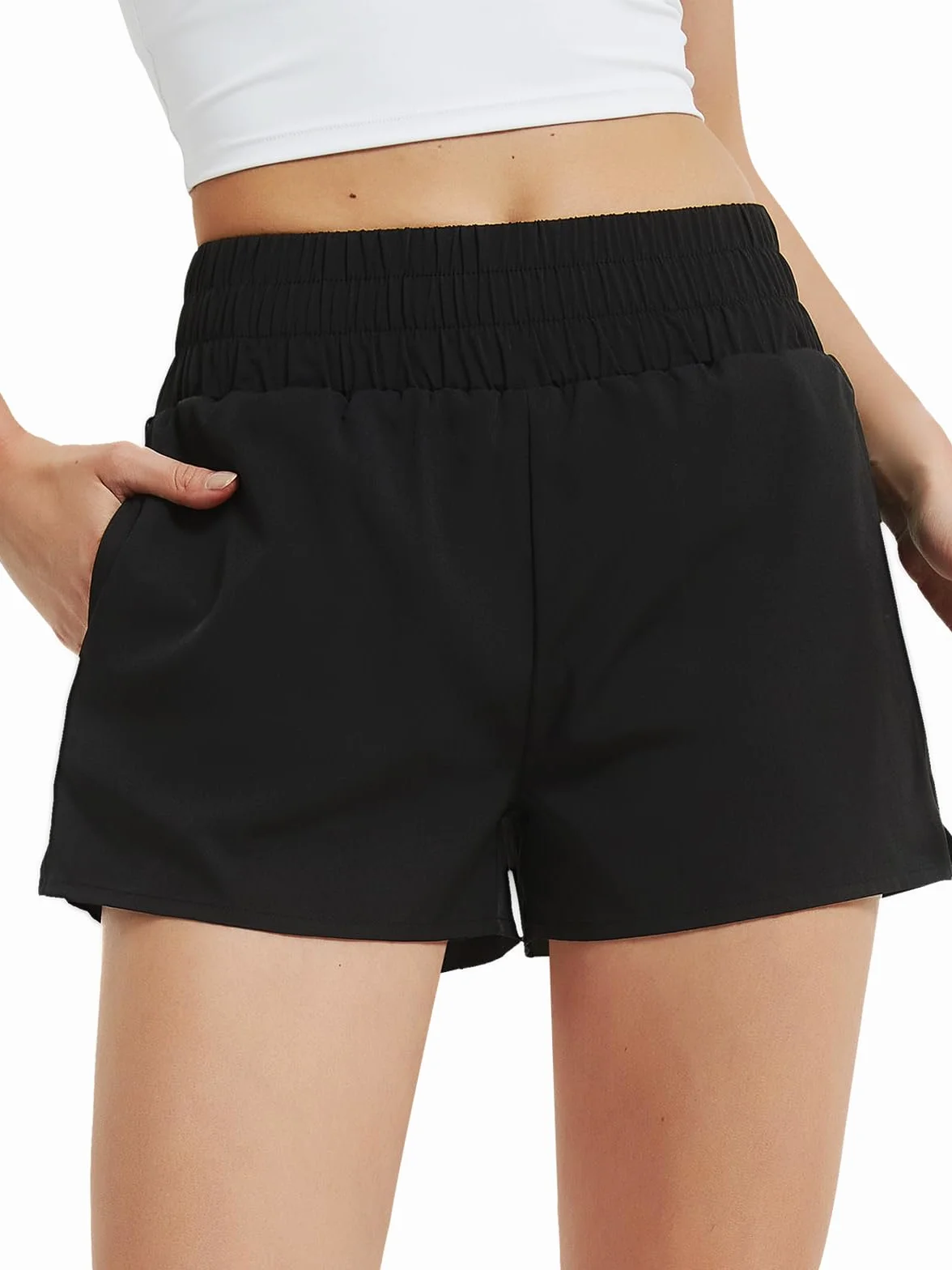 Soudittur Badeshorts Damen Badehose Hohe Taille Schnell Trocknende Boardshorts Wassersport 2 in 1 Laufhose Kurz Sporthose mit Reißverschlusstasche