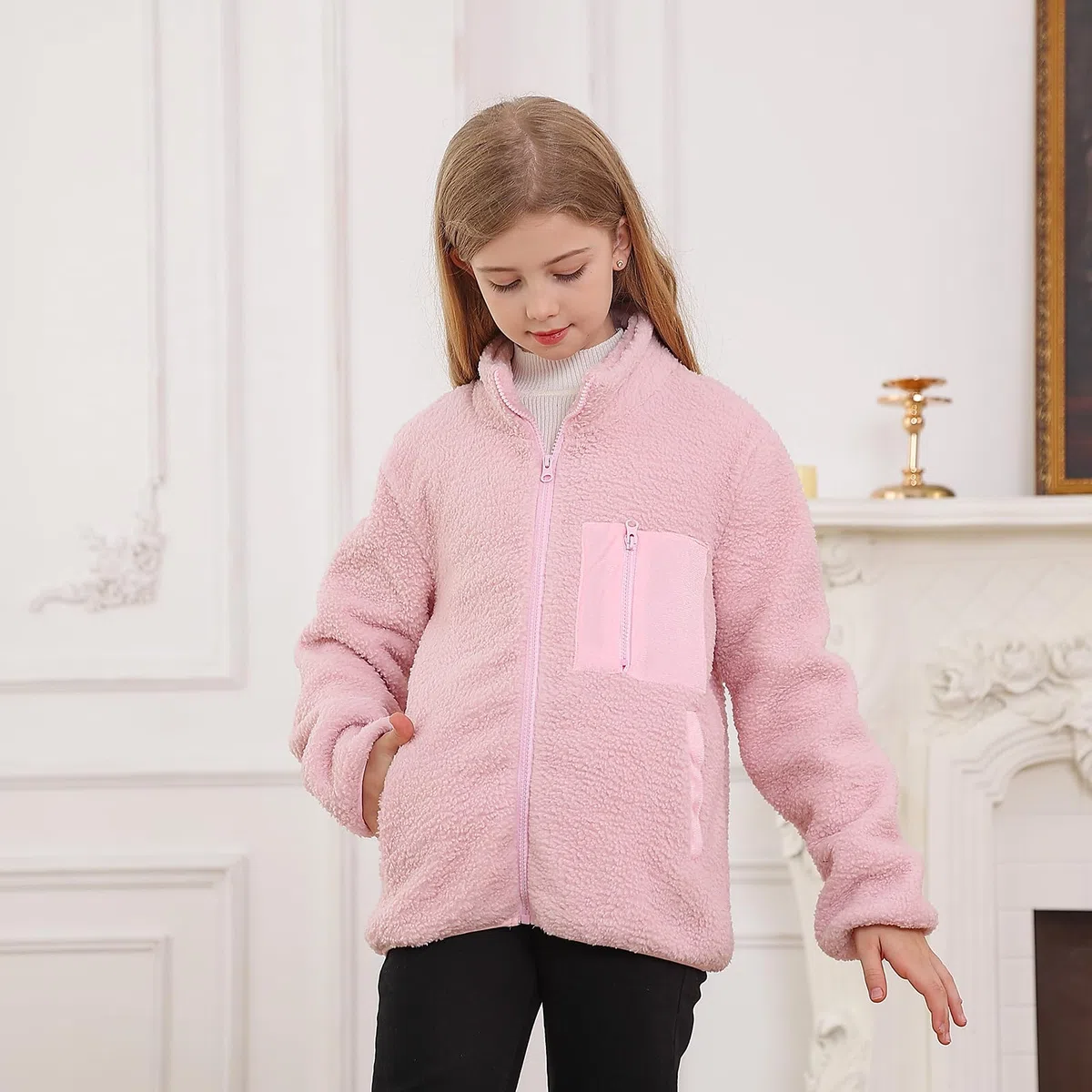 ALISISTER Fleecejacke Mädchen Jungen Sherpa Herbst Winter durchgehender Reißverschluss Flauschiger Mantel Oberbekleidung mit Taschen für 5–12 Jahre