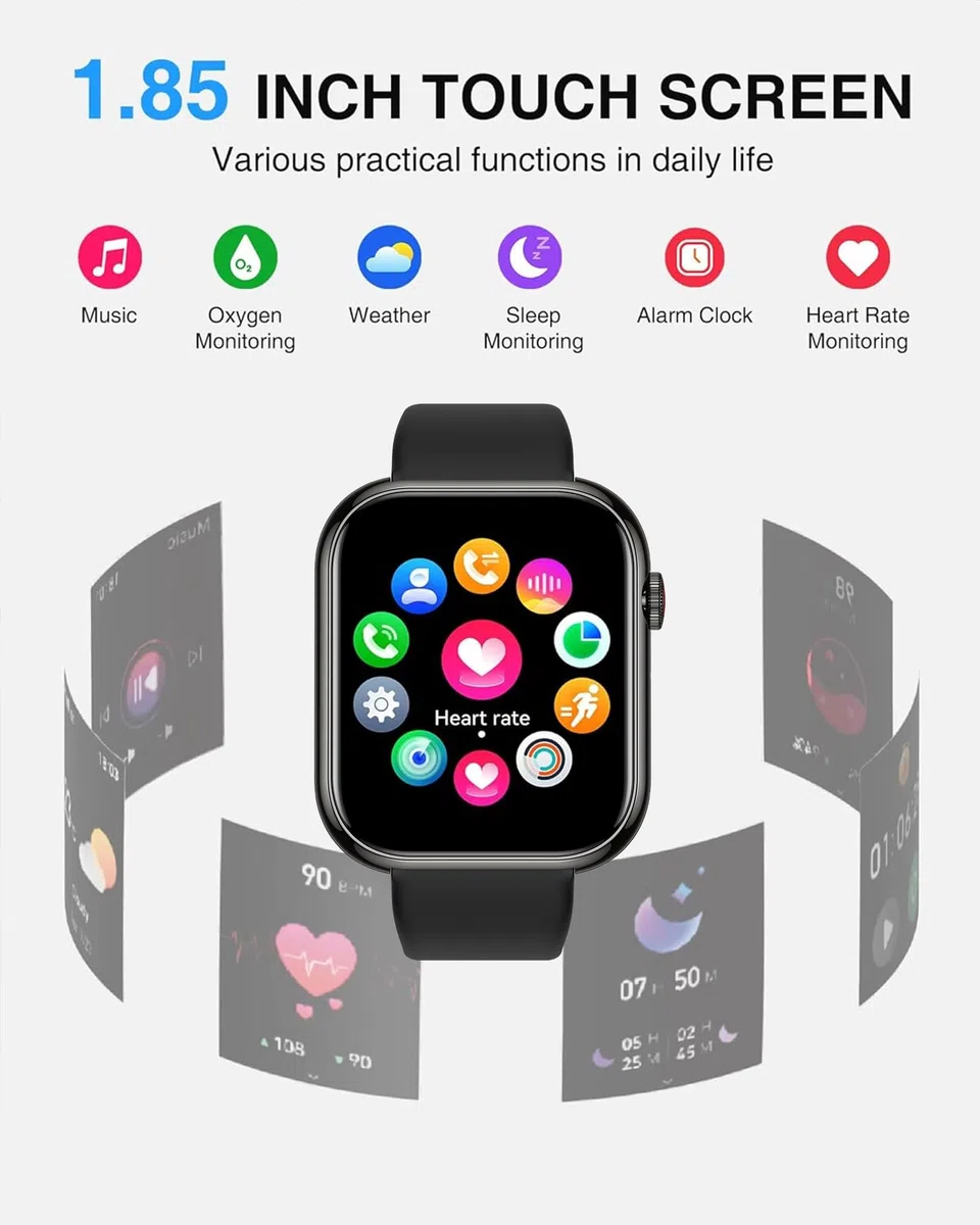 Smartwatch für Herren/Damen mit Telefonfunktion - 1,85" Bildschirm Fitnessuhr, Herzfrequenz, SpO2, Schlafmonitor, Schrittzähler, IP68 Wasserdicht Uhr, 113+ Sportmodi Sportuhr für Android iOS
