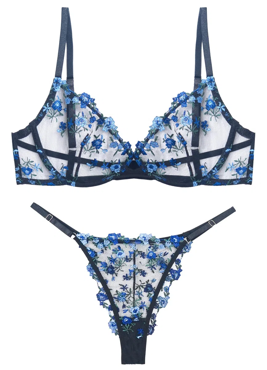 AIEOE Damen Dessous Set Spitze Teddy BH Spitze Floral mit Unterhose für Reizwäsche BH Unterhose Blumen Bestickt Träger Unterwäsche 2 Teilig Lingerie Aaus Spitze Negligee Verstellbar Outfit - XS-L