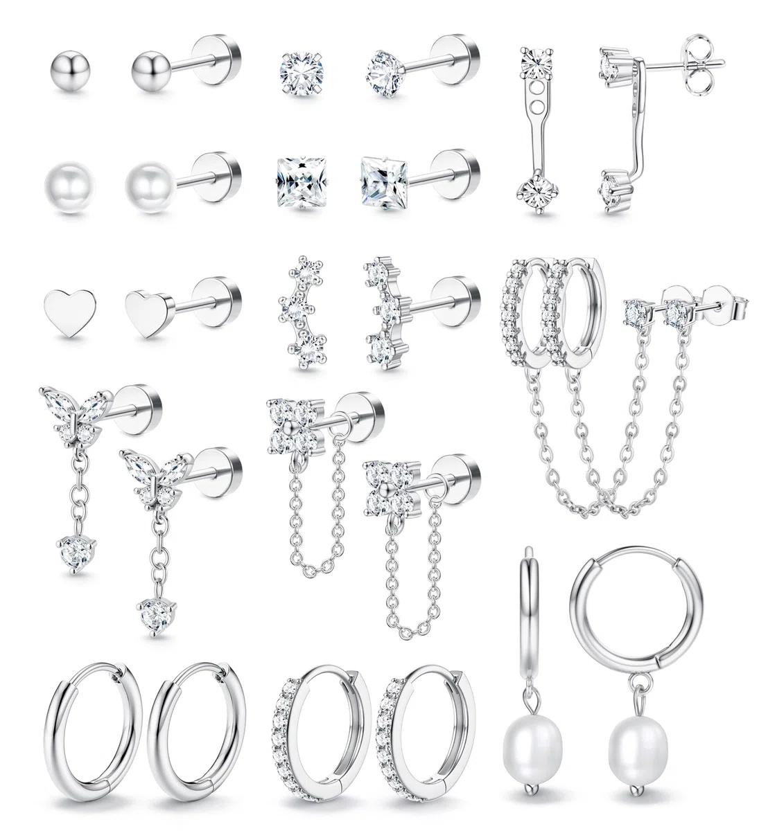 Adramata Ohrringe Gold Set Chirurgenstahl Ohrringe für Damen Hypoallergen Ohrring Creolen Ketten Ohrring Hängend Flatback Medizinische Ohrstecker Set Gold Silber Knorpel Conch Tragus Helix Piercing