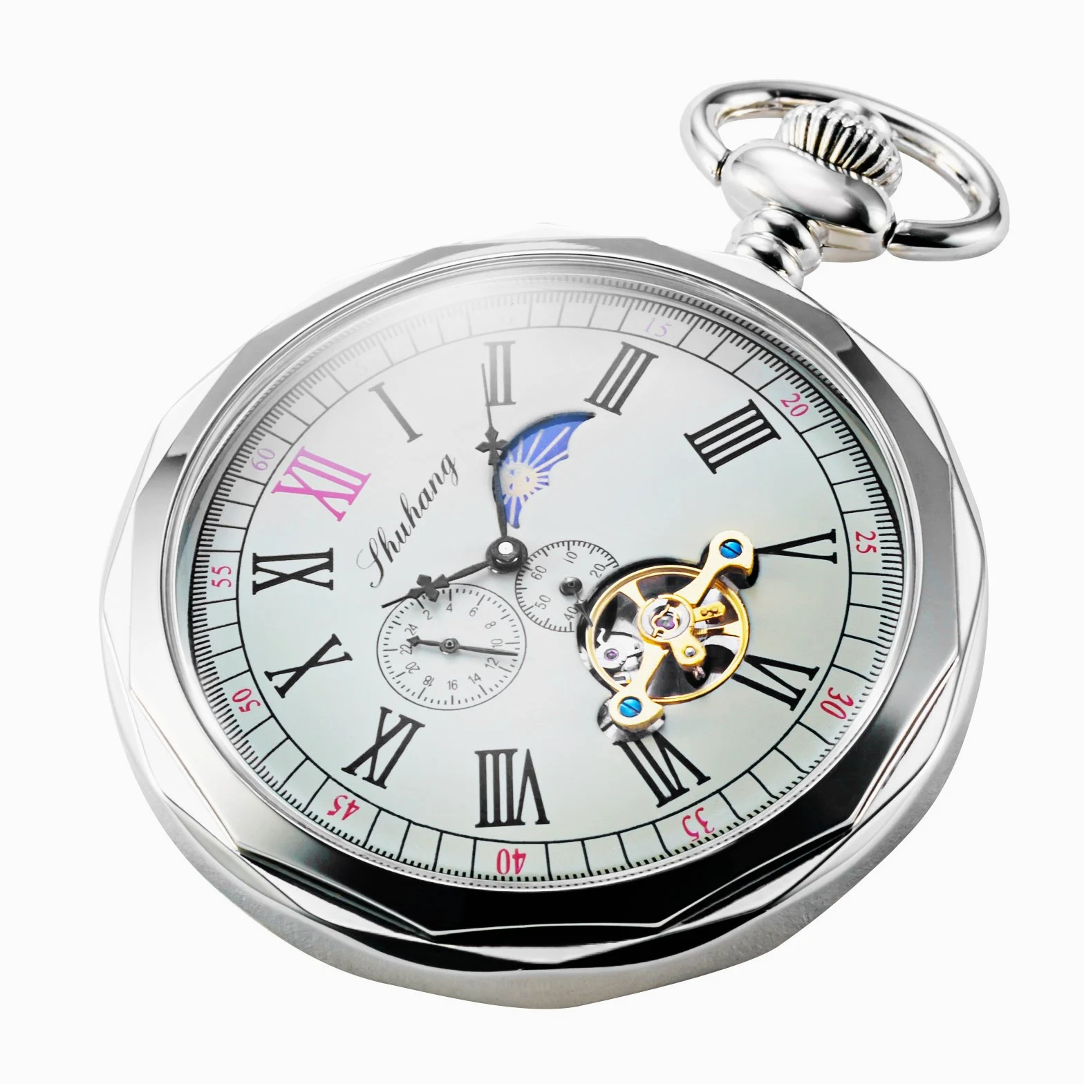 TREEWETO Mechanische Taschenuhr, römische Ziffern, offenes Zifferblatt mit Kette, 24 Stunden, Mond, Sonne + Box