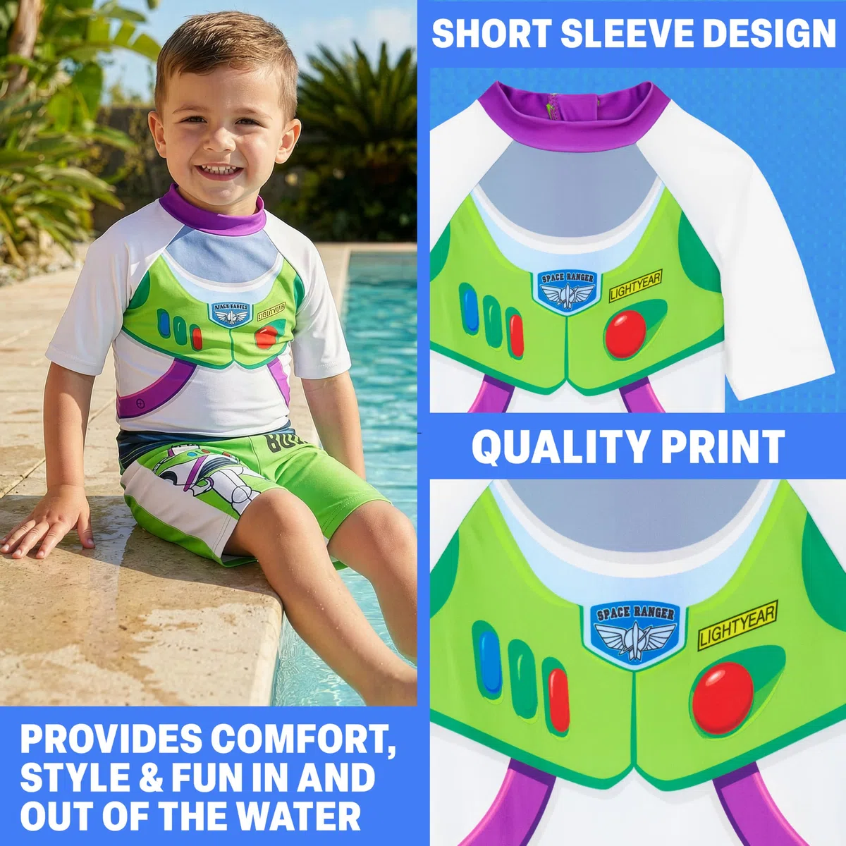 Toy Story Buzz Lightyear | Woody Schwimmanzug Kinder Jungen Badeanzug Set Zweiteilig, Schwimmshirt & Badehose, Urlaub Zubehör, Geschenke für Jungs