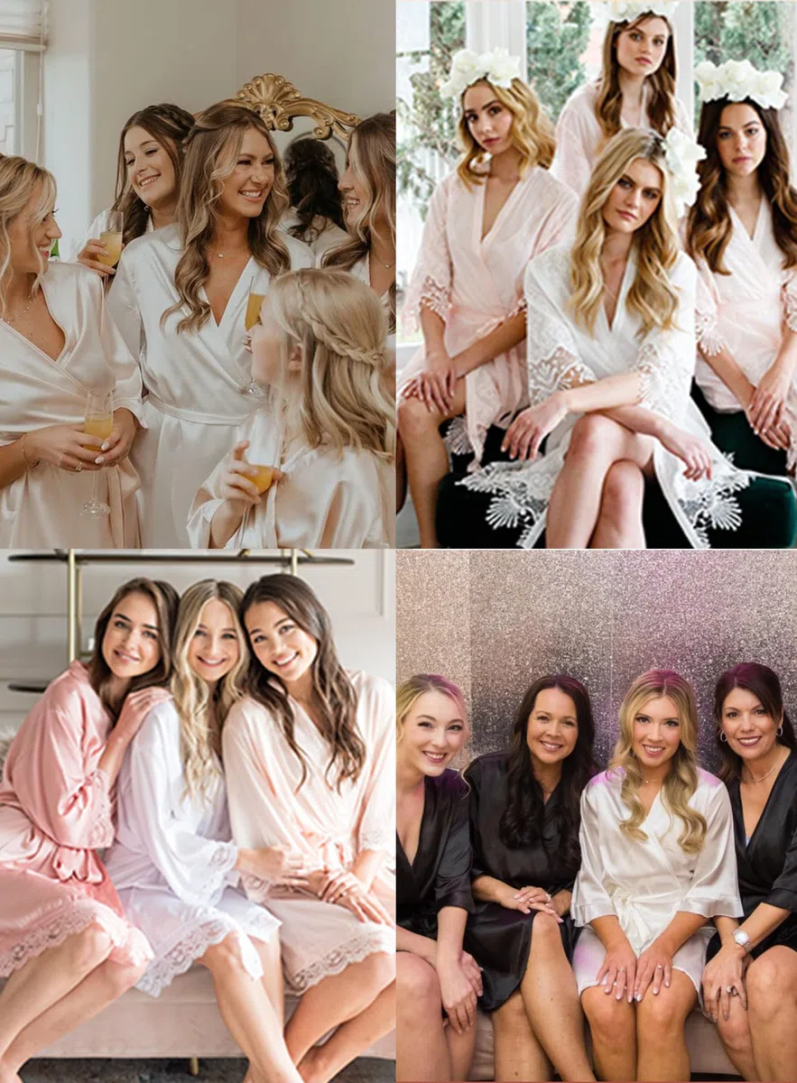Lovasy Bademantel Damen Satin Kurz Kimono Manschetten aus Spitze Sexy Japanisch Morgenmantel für Damen Braut Team Bride Hochzeit Party Pyjama mit Gürtel