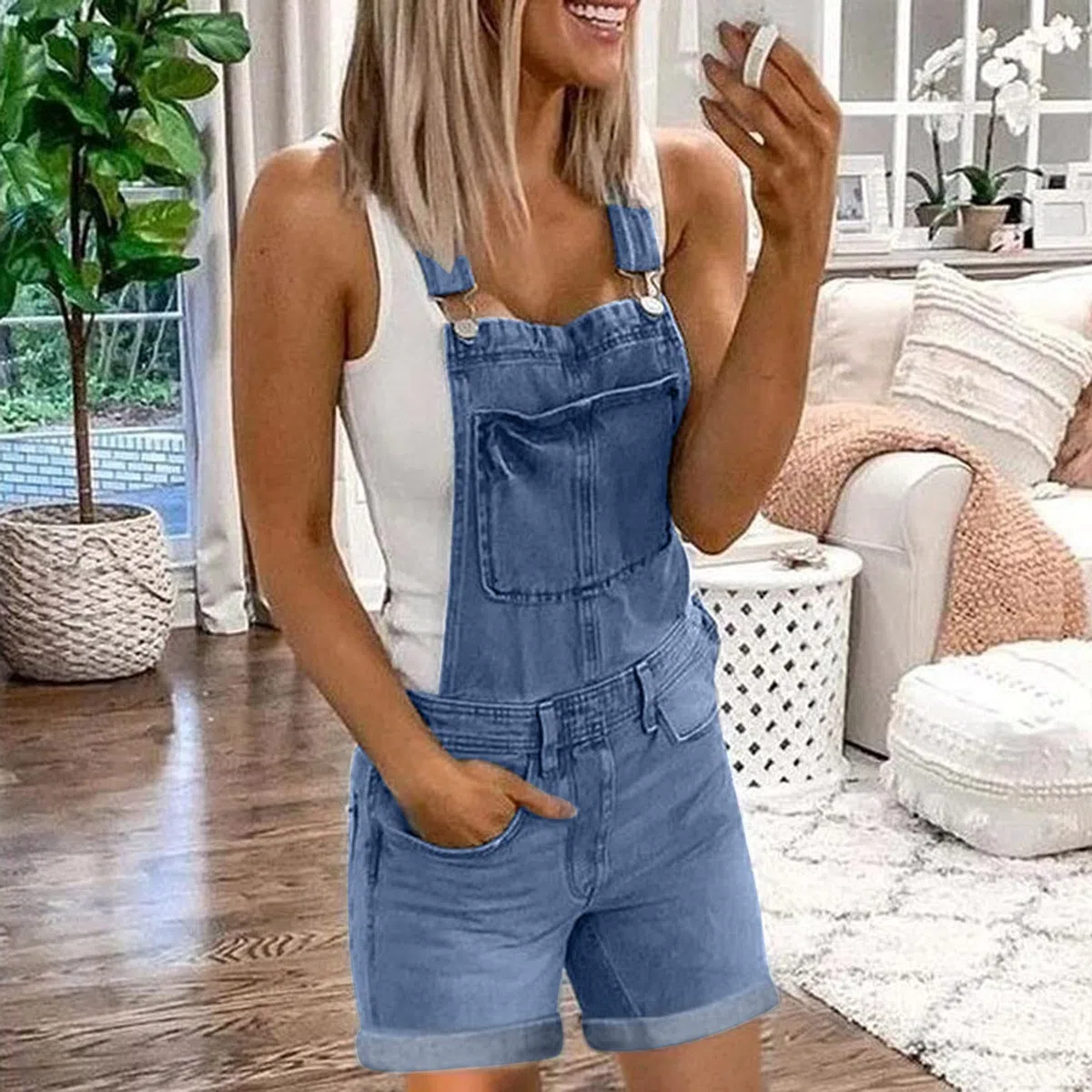 Latzhosen für Damen Kurz Stretch Denim Overall Kurzer Sommer Latzhose Jeans Overall Boyfriend Jeans Shorts Vintage Loose Jumpsuit Overalls Used-Look Sommeroverall Playsuit Romper mit Taschen