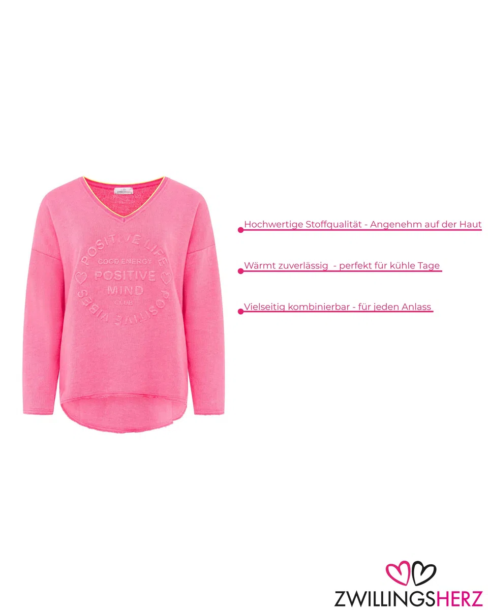 Zwillingsherz Damen Sweatshirt mit Schriftzug – Oversize Pullover aus Baumwolle – Langarmshirt mit V-Ausschnitt – Bequemes Freizeit Oberteil mit positiver Botschaft – Casual Look für Alltag