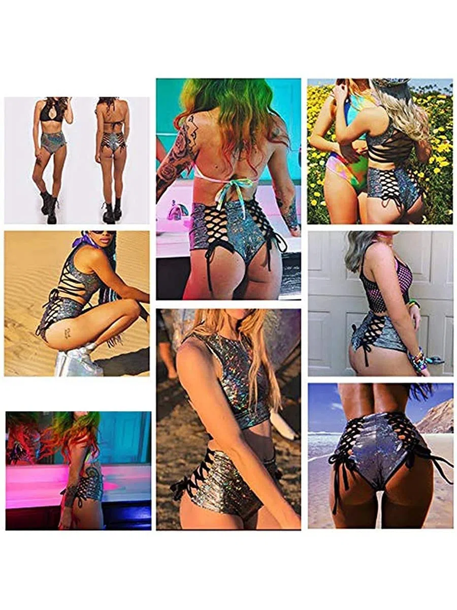 Zweiteiliges Rave-Outfit für Damen, sexy, holografisch, reflektierend, rückenfrei, Tank-Tops und Shorts, Set für Tanz, Festival, Party, Mode, Clubwear