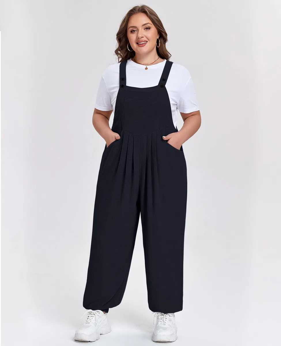 Moon Wood Damen Latzhosen Oversize mit Elastischem Saum Casual Baggy Sommer Jumpsuit Overall mit Trägern und Taschen Große Größen