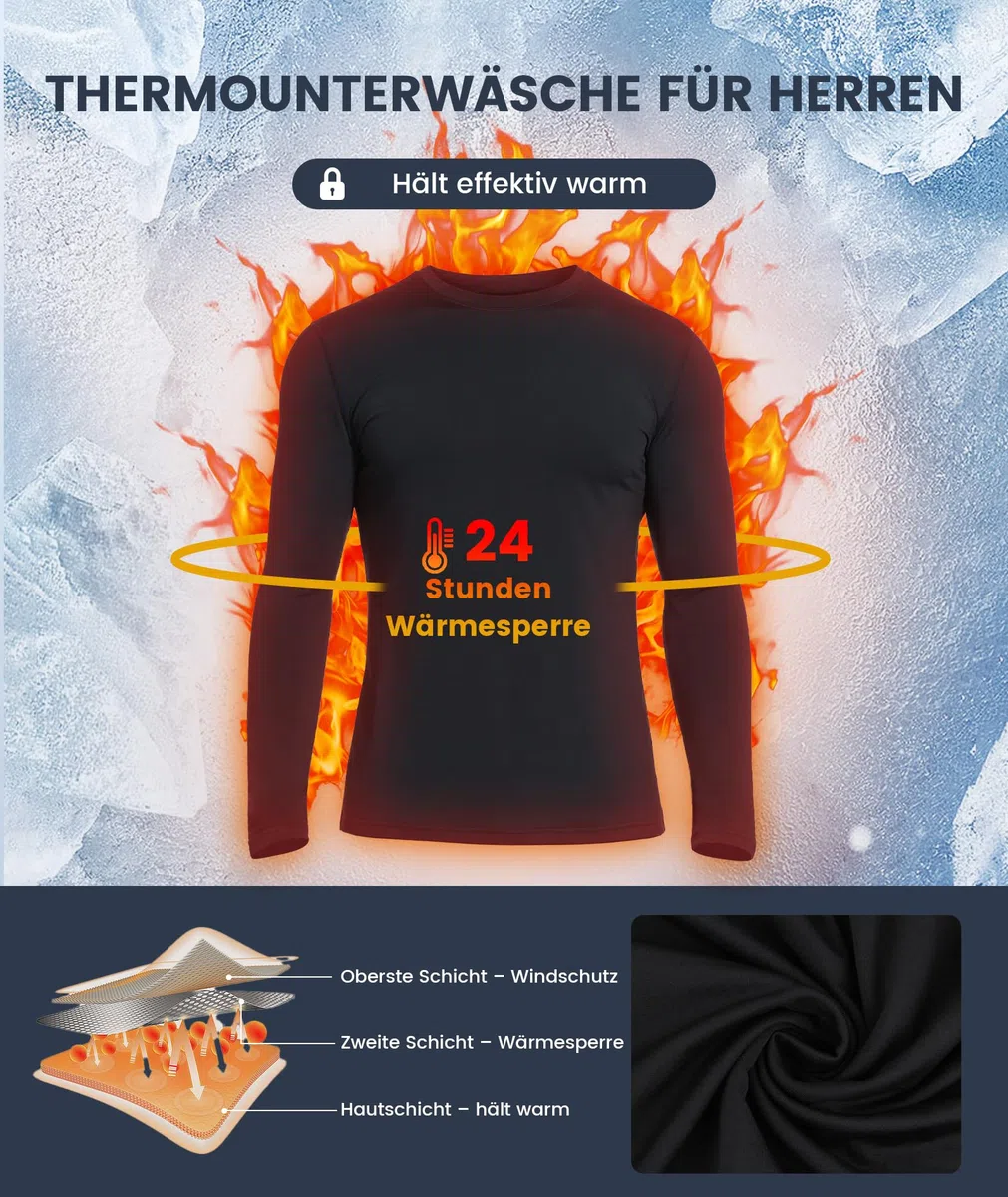 SIHOHAN Thermounterwäsche Herren Winter Innenfleece Thermowäsche Rundhals Langarm Thermohemd Warm Atmungsaktiv Thermo Oberteil Warm Unterwäsche Thermounterhemd für Männer