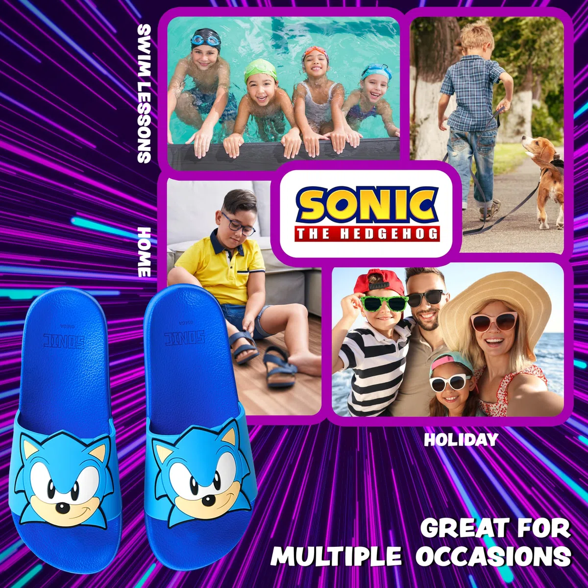 SONIC THE HEDGEHOG Badelatschen Sommer | Badeschuhe für Jungen und Mädchen in der Größe 28-34 | Hochwertige Badeschlappen Strand oder Zuhause | Robuste Kinder Hausschuhe (Blau, 29 EU)
