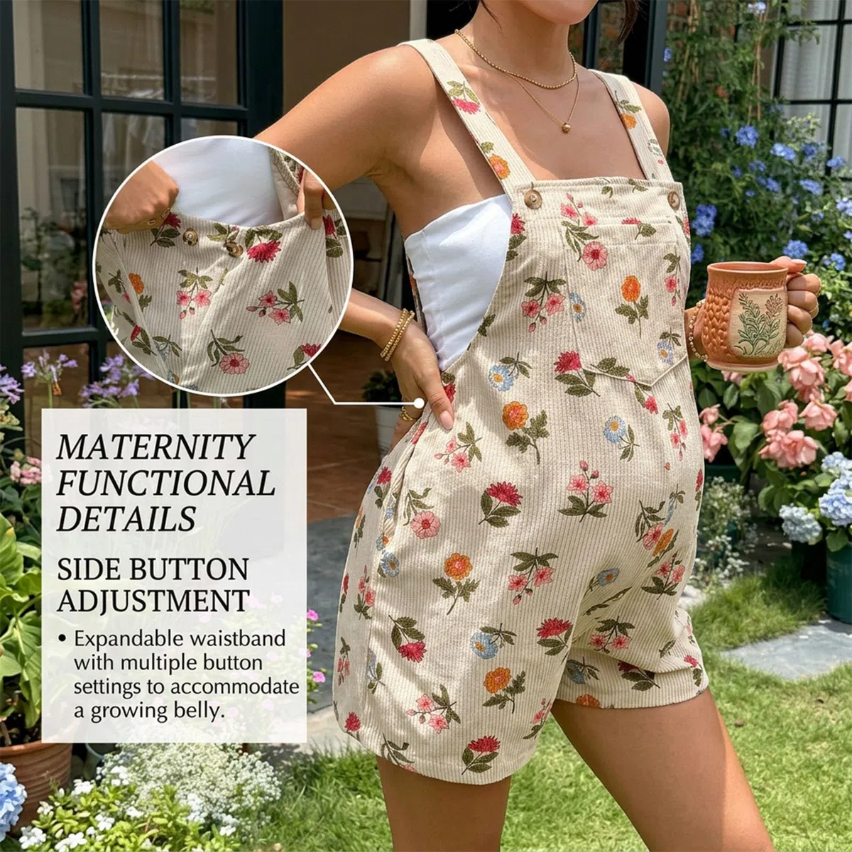 ENEN Umstandslatzhose Kurz Damen Sommer - Dünner Cord Umstands Jumpsuit mit Verstellbaren Trägern, Locker Maternity Overalls Ärmellos Schwangerschaftshose Kurz mit Taschen