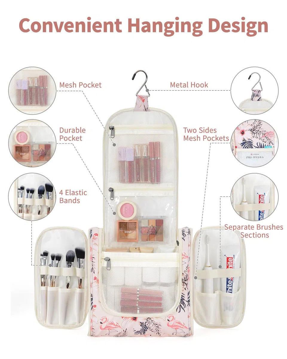 Narwey Kulturbeutel zum Aufhängen, Kulturtasche Kulturbeutel Damen Kinder Gross, Waschtasche Hanging Toiletry Bag Damen für Reise, Kosmetiktasche Make up Tasche für Mädchen (Beiger Flamingo (Groß))