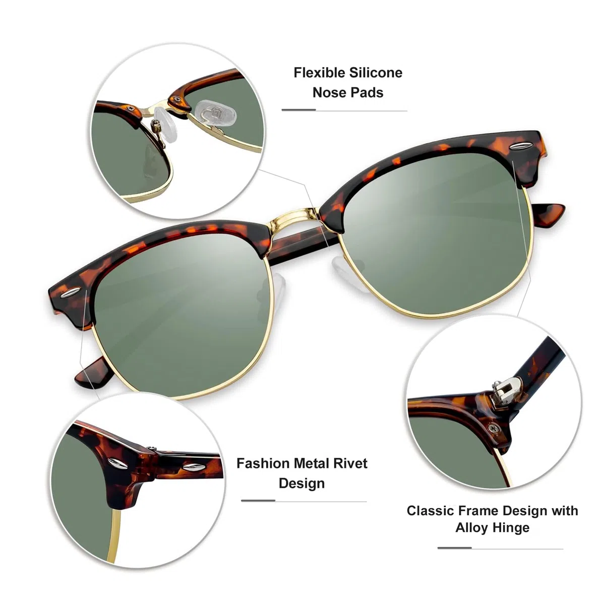 KANASTAL Halbrahmen Sonnenbrille Herren und Damen Klassische Retro Polarisiert Halbrand Sonnenbrille UV400 Schutz mit Metallrahmen für Autofahren Angeln Wandern und Alltag