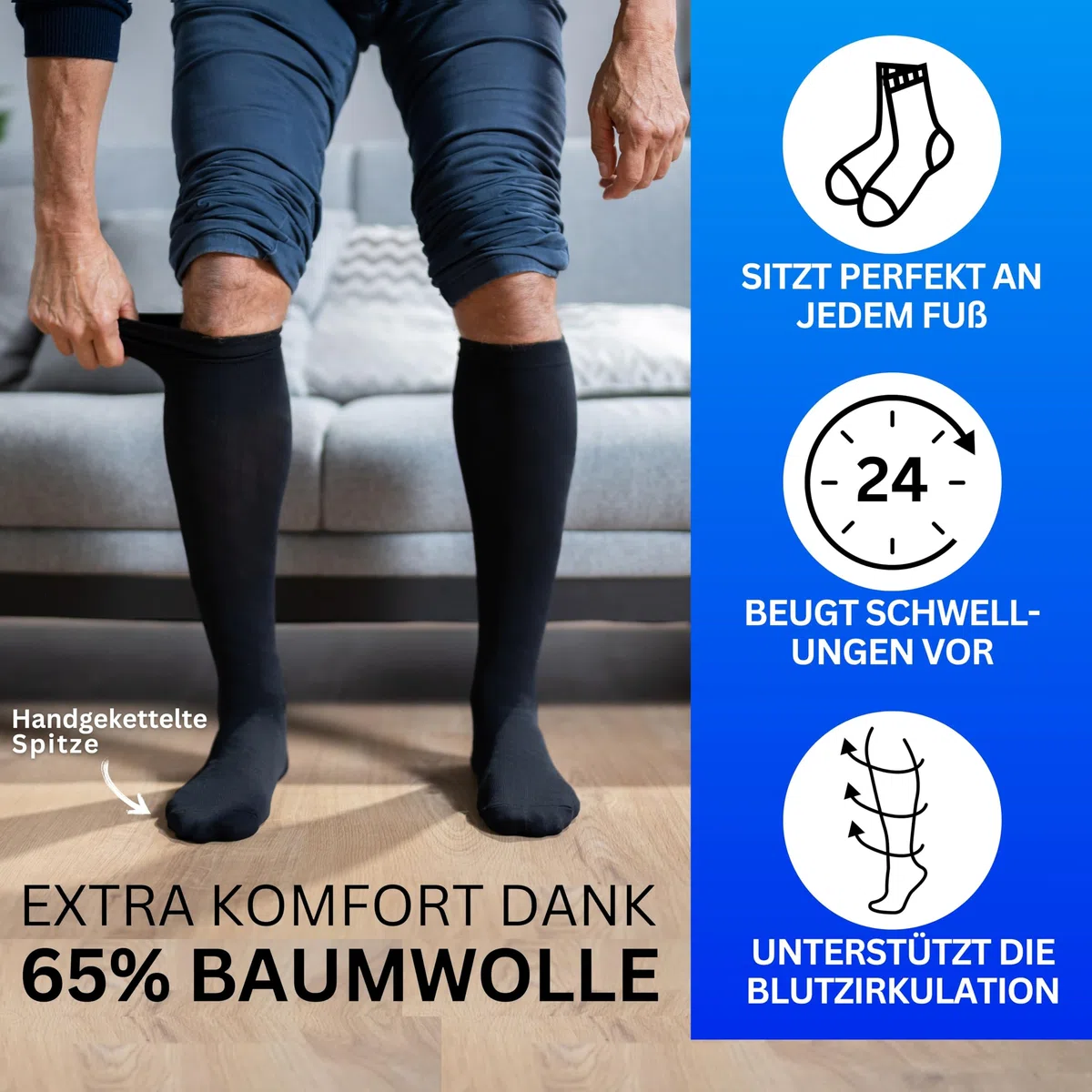 Stützstrümpfe (2 Paar) mit Kompression, Reisestrümpfe mit 65% Baumwolle, Kompressionsstrümpfe für Damen & Herren - Stützkniestrümpfe ohne störende Naht