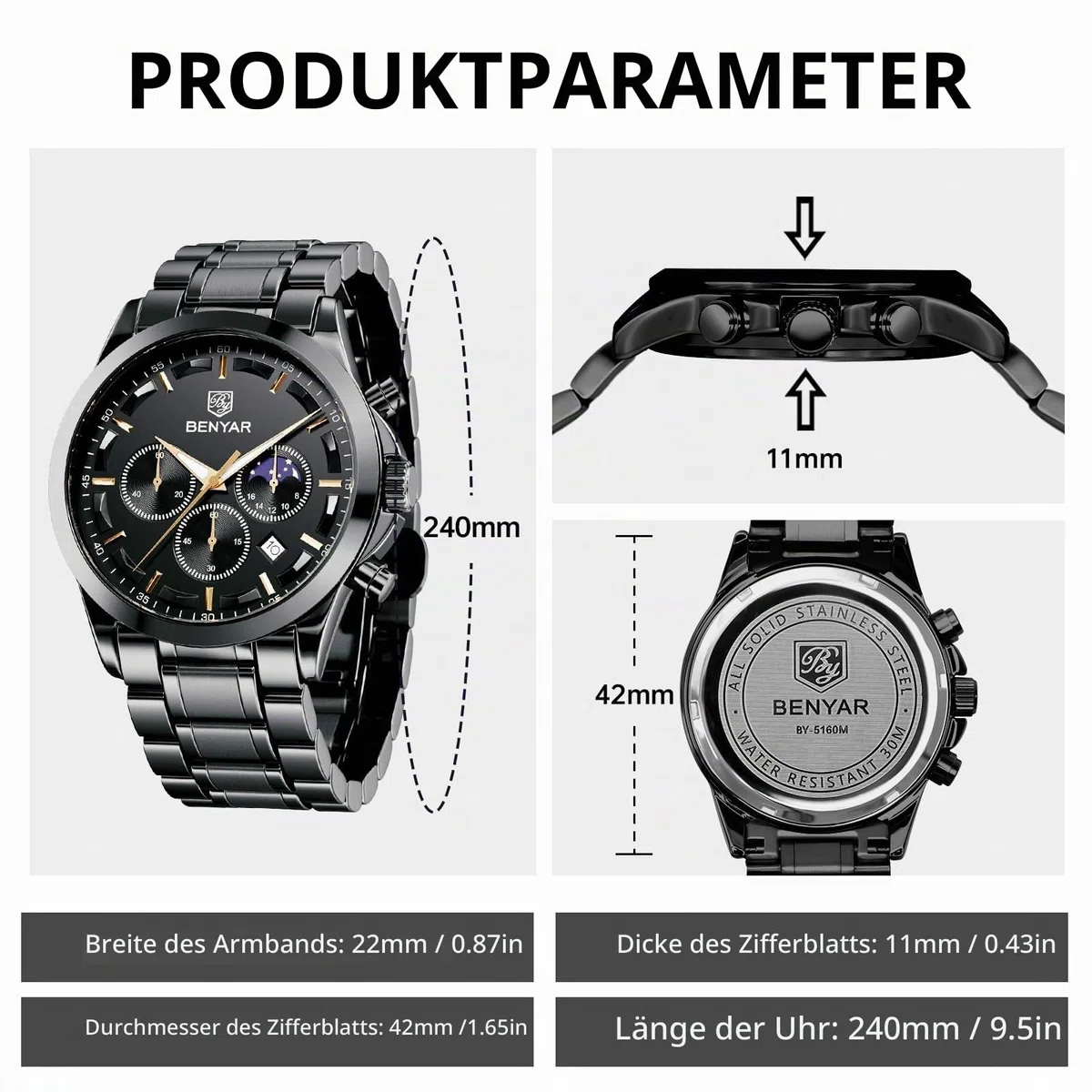 BENYAR BY Uhren Herren Chronograph Analog Quarz Wasserdicht Datum Armbanduhr Herren Mode Business-Kleid Herrenuhr Elegantes Geschenk fur Männer