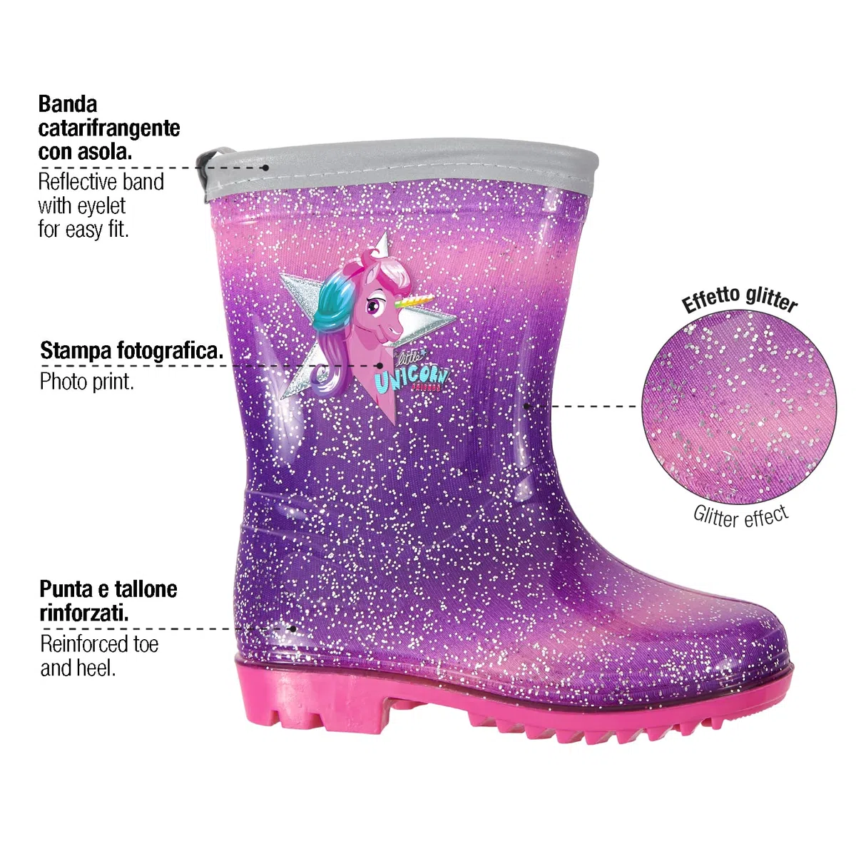 PERLETTI Kinder Einhorn Gummistiefel Rosa mit Glitzern - Wasserdichte Regen Stiefel Regenstiefel mit Rutschfeste Sohle und Silber Rand Reflektierend - Unicorn Stiefeletten Mädchen