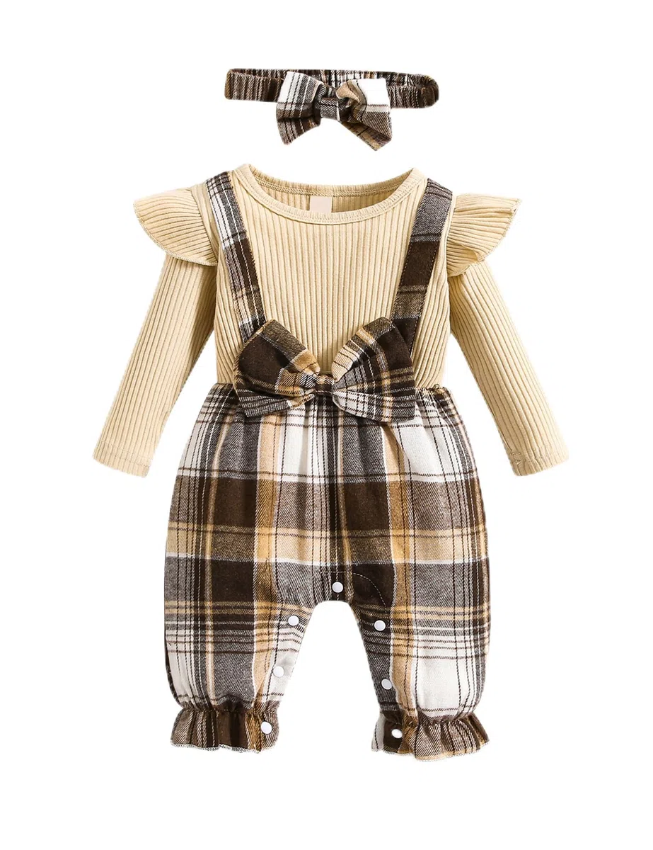 Haokaini Baby Mädchen Kleidung Neugeborene Einteilige Strampler Lange Rüschen Ärmel Plaid Spleißen Bowknot Jumpsuit mit Stirnband Bodysuit Outfit