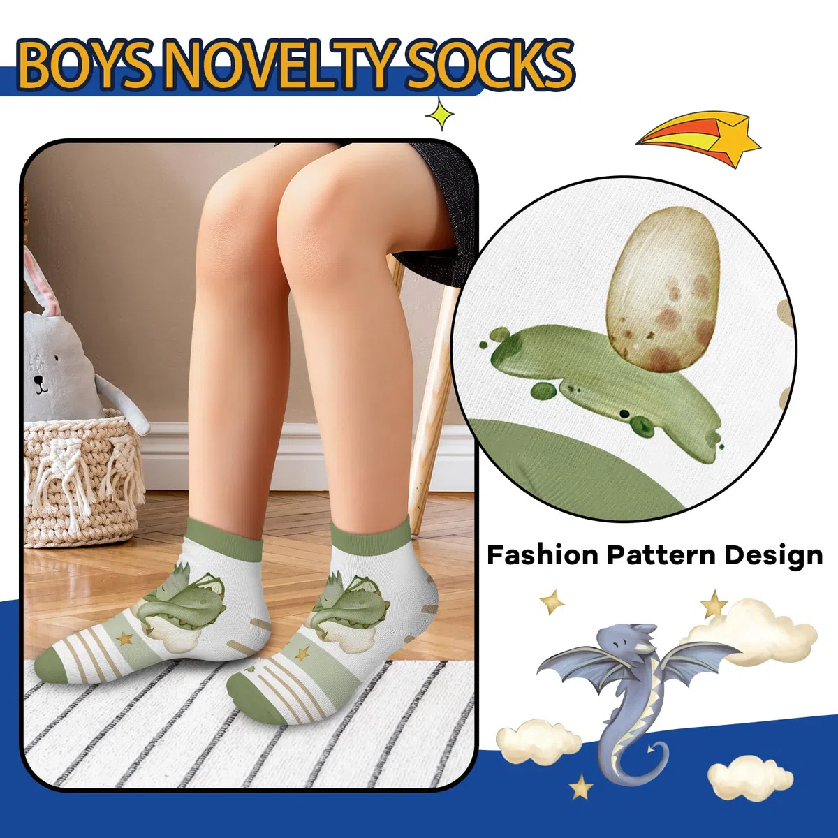 6 Paare Söckchen Kinder Jungen Bunte Dinosauriermuster Boho Baumwolle Socken kinder 23-26/27-30