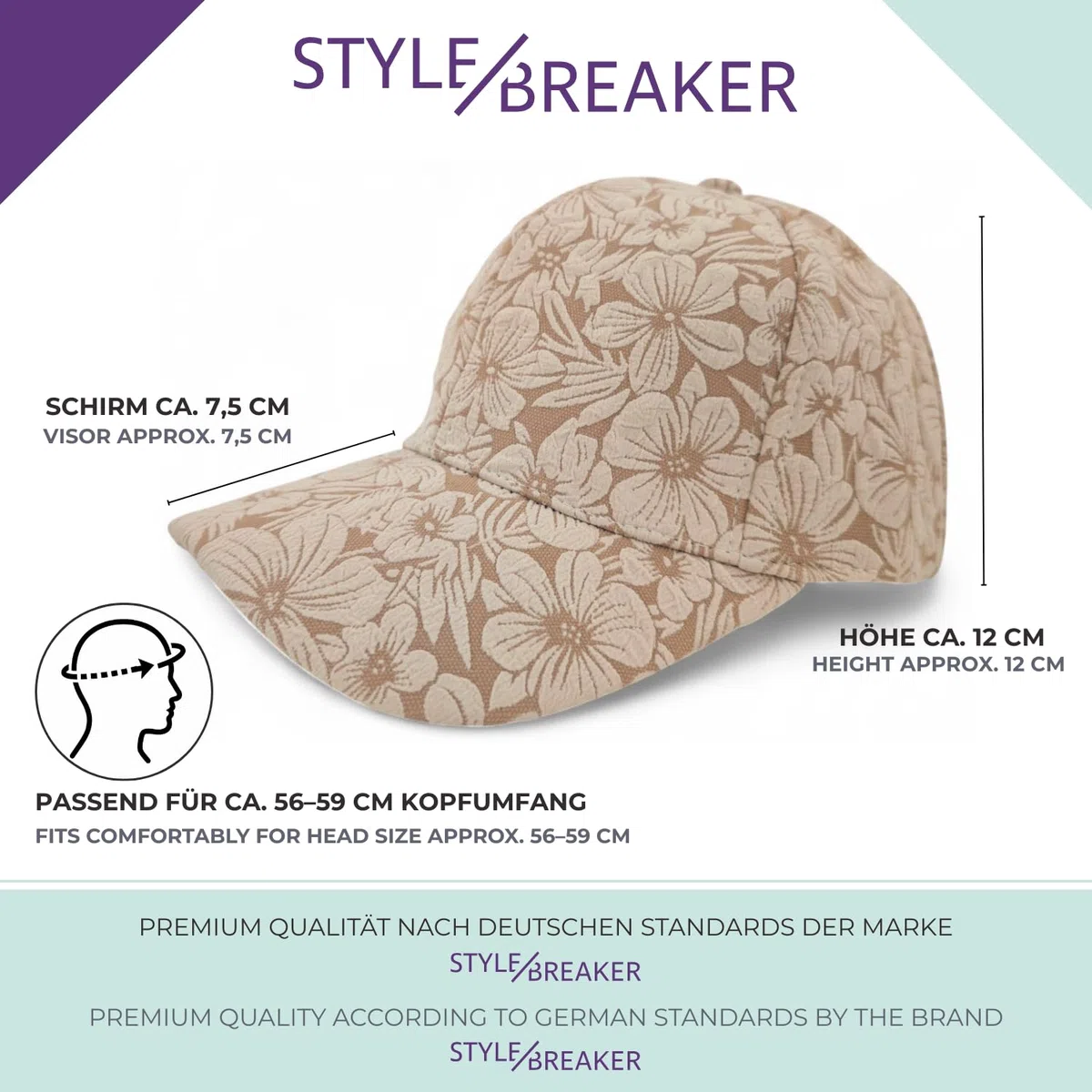styleBREAKER Damen Baseball Cap mit floralem Ton in Ton Muster | 6-Panel Basecap mit Klettverschluss verstellbar | sportliche Blumenoptik Kappe Streetstyle