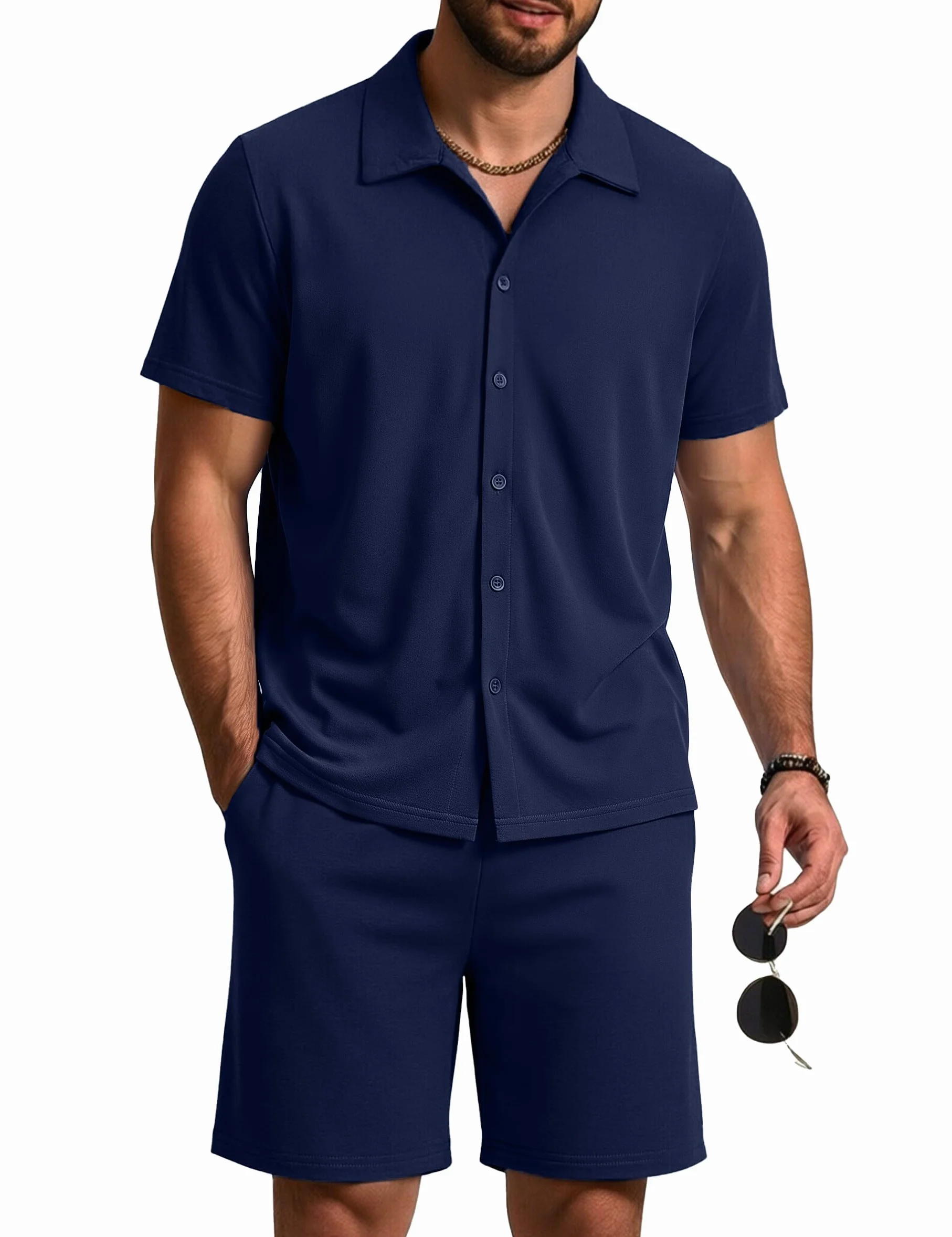 Aseniza Schlafanzug Herren Kurz Pyjama Baumwolle Shorty Knöpfe Sommer Kurzarm Zweiteilige Schlafanzüge Set für Männer