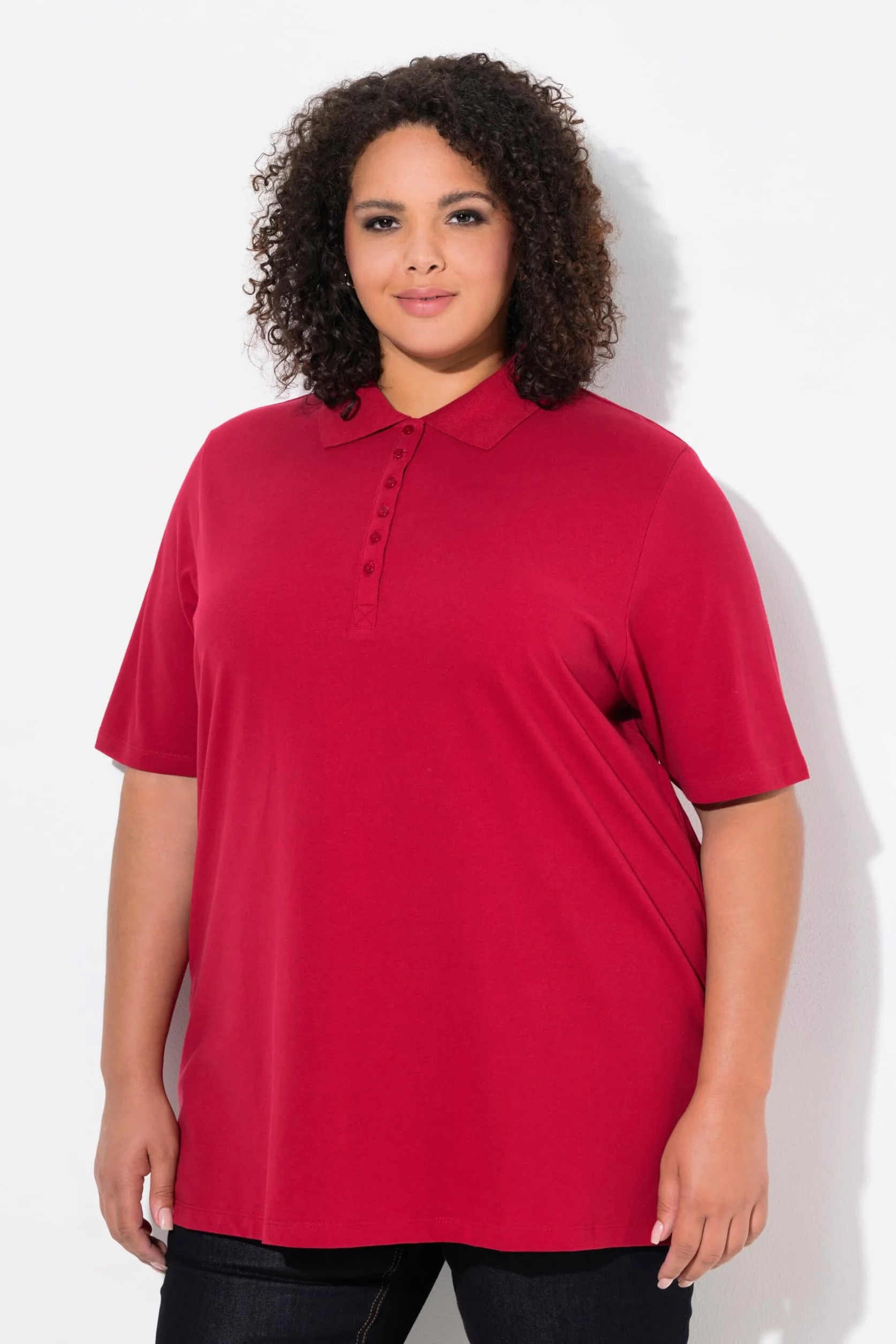 Ulla Popken Damen große Größen Übergrößen Plus Size Poloshirt, T-Shirt mit Samtband-Knopfleiste, Basic-Shirt, Polokragen, Baumwolle 637297