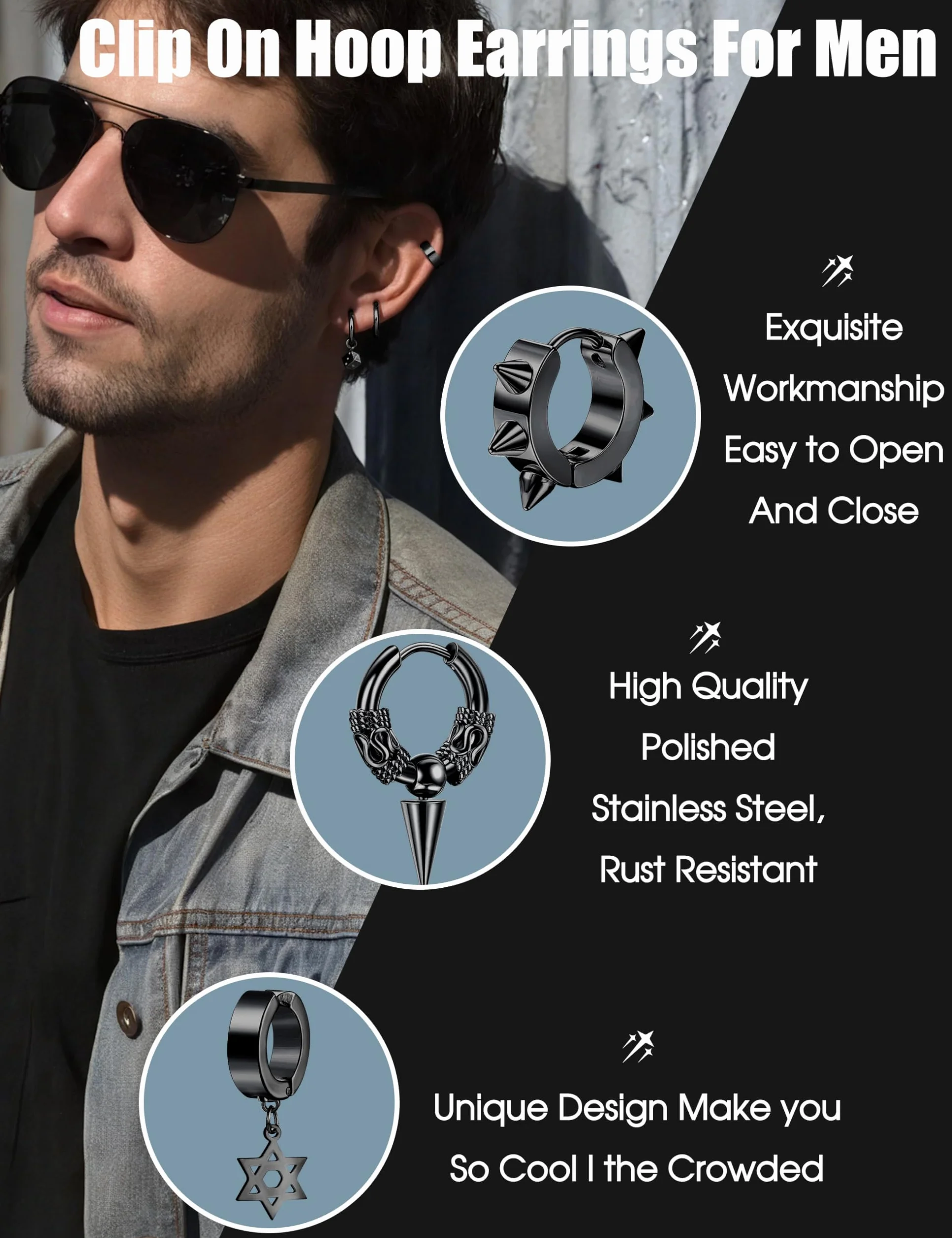 Diamday 25 Stück Ohrclips für Herren - Edelstahl Kreuz Kette Baumeln Ohrringe Schwarz Huggie Non Pierced Punk Gothic Kpop Set Fake Creolen
