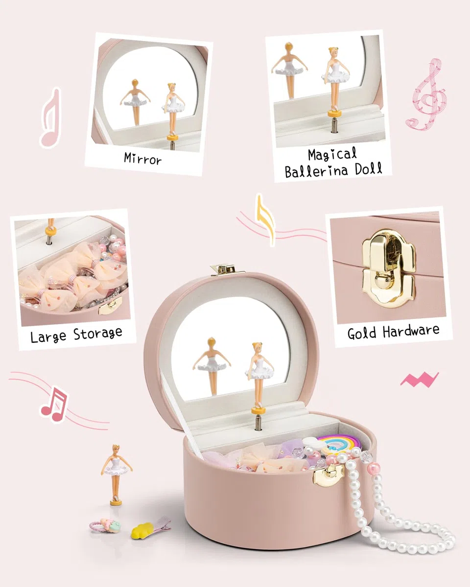 VLANDO Spieluhr Schmuckkästchen Mädchen mit Ballerina, Tragbar Schmuckkasten Schmuckdose für Kinder, Schmuck Organizer mit Spiegel, Spielzeug Geschenke 4 5 Jahre, mit Süßem Aufkleber