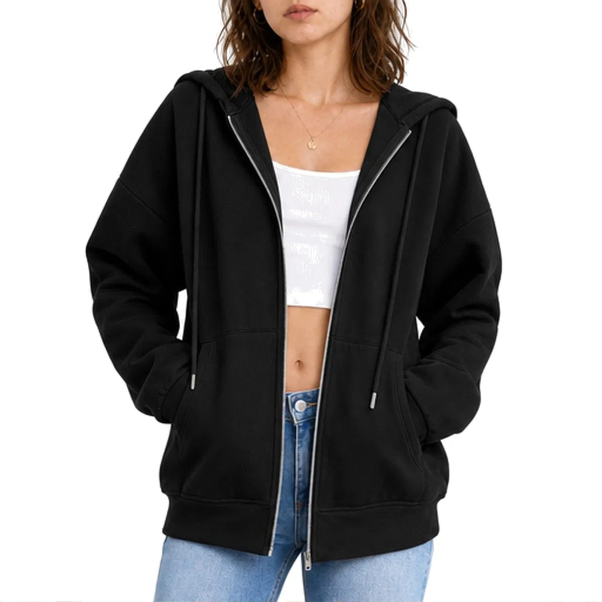 Damen Sweatjacke mit Kapuze und Zipper, Kapuzenjacke Hoodie Oversize Sweatshirt für Frauen Langarm Kordelzug Taschen Locker Bequem Weich Basic Casual Freizeit Sport Streetwear Herbst Übergang