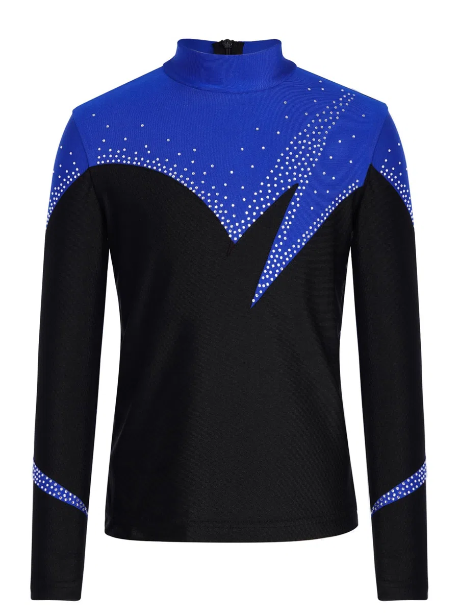 Linjinx Jungen Langarm Hemden Glitzer Strass Latein Tanzshirt Eiskunstlauf T-Shirt Oberteil Eng Gymnastikanzug Wettbewerb Tanzkostüm