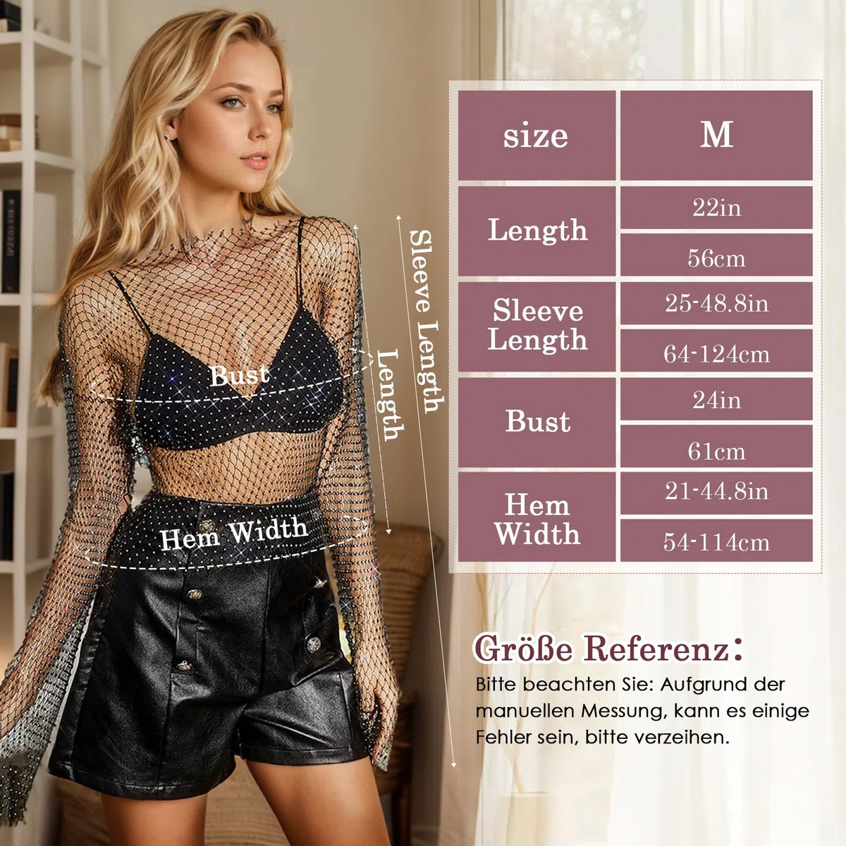 Transparentes Glitzer Top Damen Mesh Langärmelig Sexy Schwarz für Party und Nachtclub