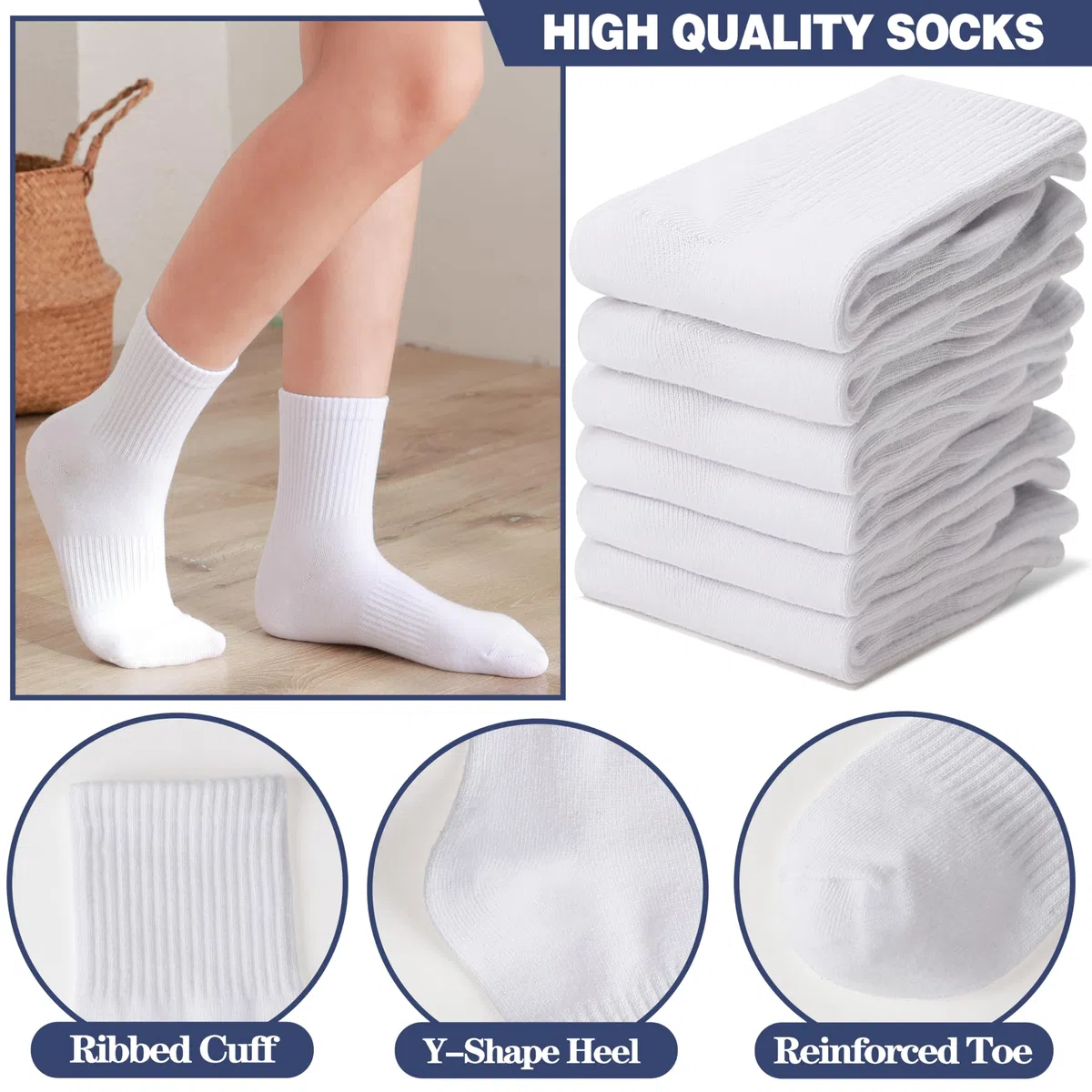 MOGGEI Kindersocken Sport Baumwollsocken Kinder Jungen, Weiche Atmungsaktive Laufsocken mit für Schule & Sport 6 Paar