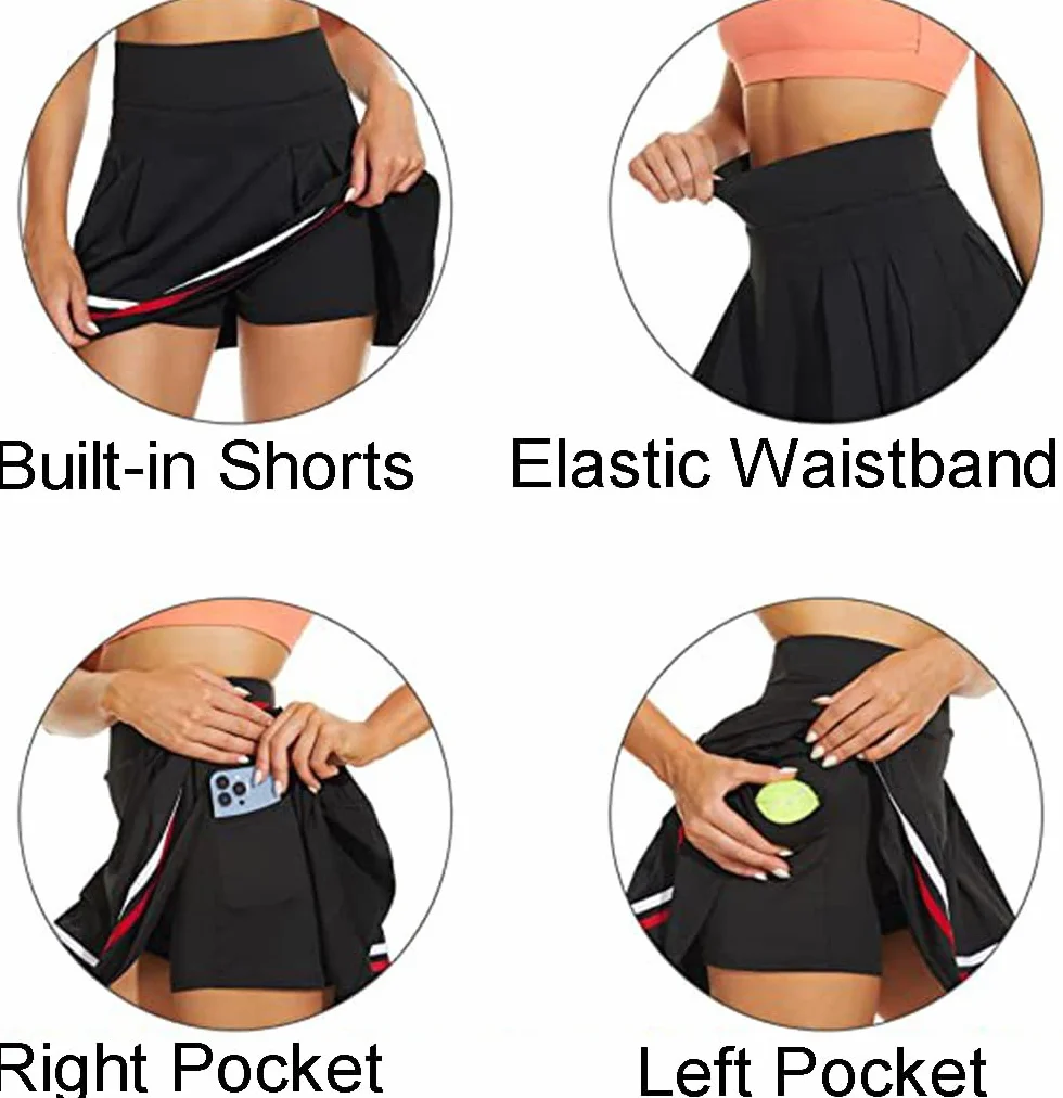 ThreeH Falten-Tennisröcke für Frauen Sportliche Casual Skorts mit Taschen Eingebaute Shorts Hochtaillierter Golf-Sport-Rock