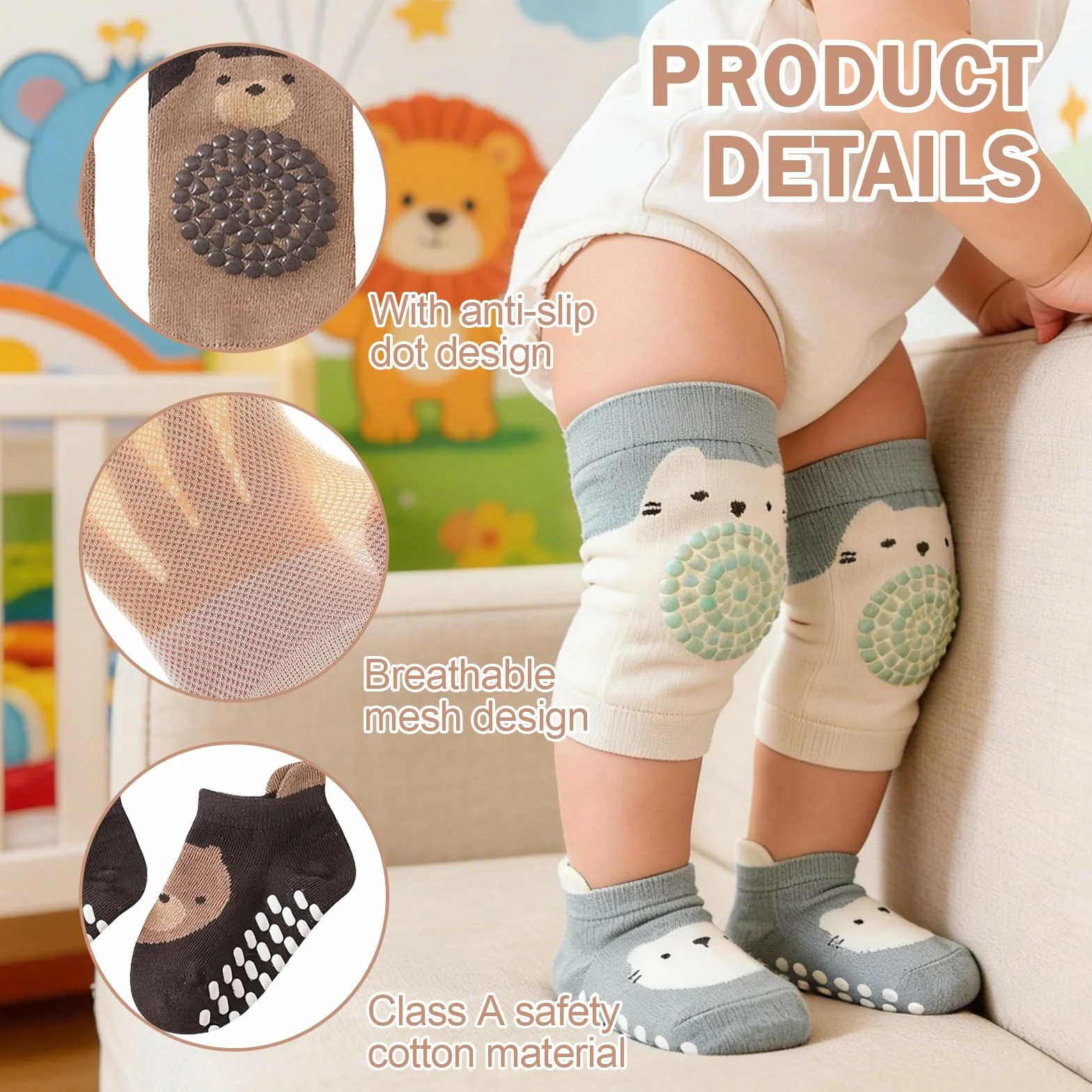 5 Paar Knieschoner Baby Krabbeln mit Anti Rutsch Gummipunkte für Jungen und Mädchen 0-12 Monaten