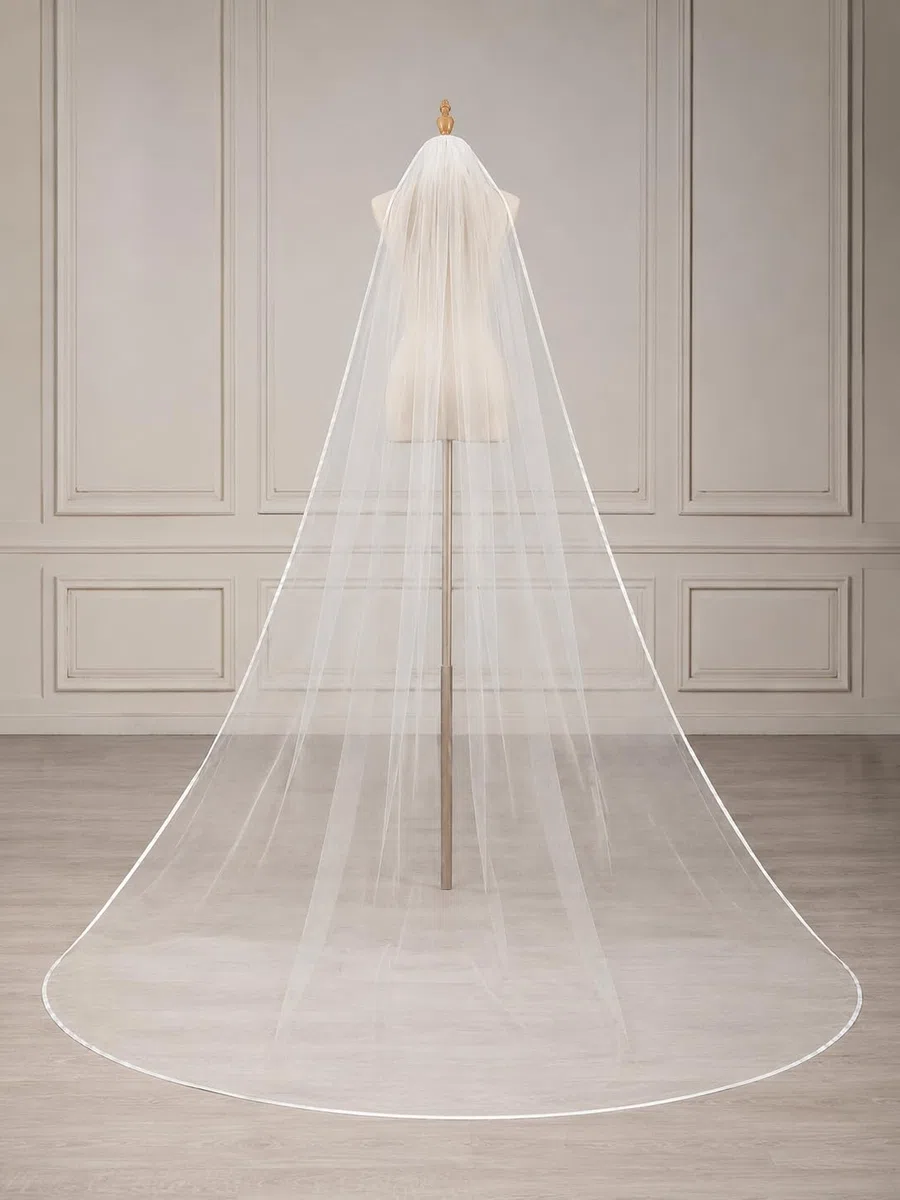 Pet-Jos Satinband Brautschleier Hochzeitsschleier Lange Kathedrale Kapelle Weiß Elfenbein Tüllschleier Eleganter Klassischer Schleier mit Kamm