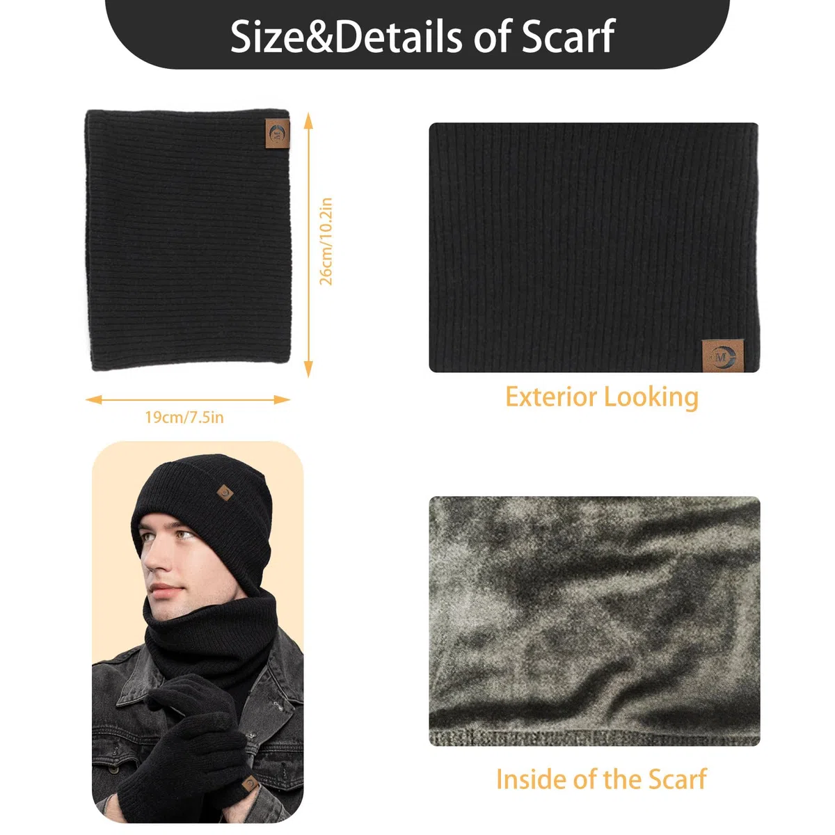 MARUKO Mütze Schal Handschuhe Set Herren Winter Warm Beanie Mütze Schal und Touchscreen Handschuhe Set mit Fleece Gefüttert Strickmütze Winterhandschuhe Schlauchschal Set (Schwarz)