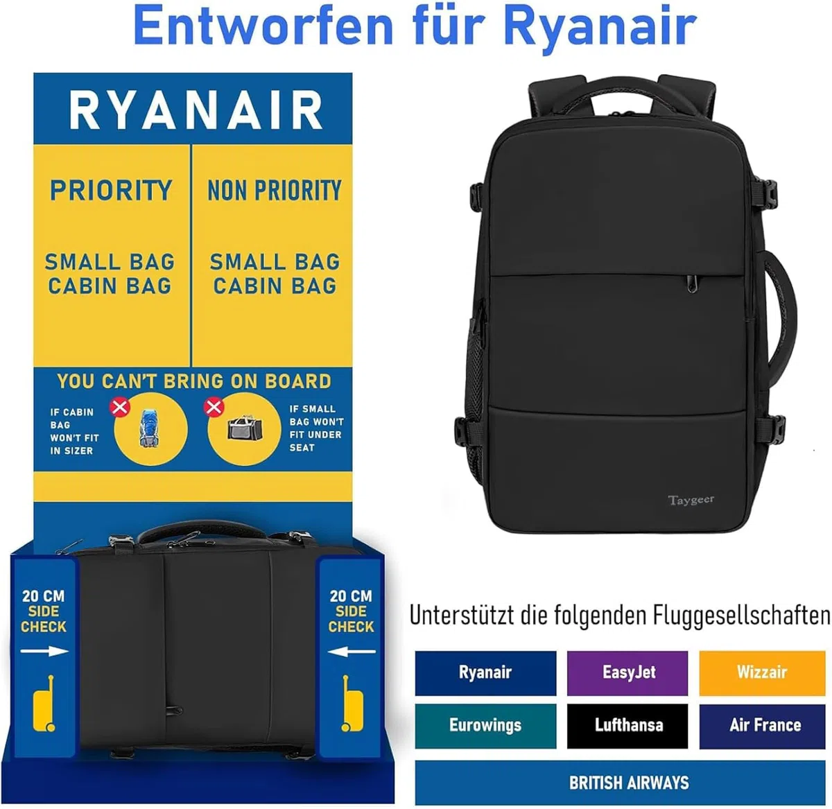 Taygeer Ryanair Handgepäck 40x30x20, Rucksack Handgepäck Flugzeug 24L Leicht, Rucksack 40x30x20 mit 15.6 Zoll Laptopfach, Klein Reiserucksack für Weekender, Kurze Tirp, Schwarz
