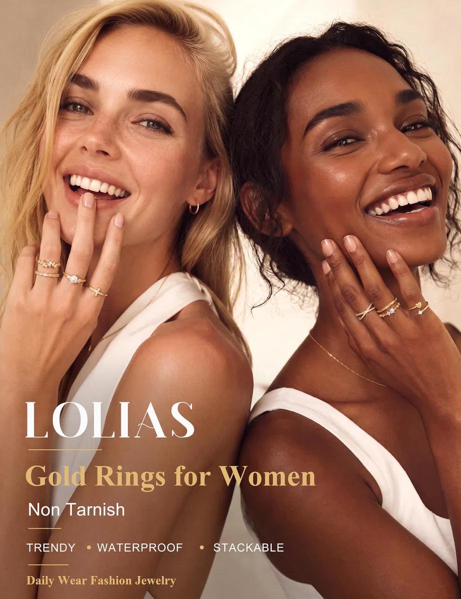 LOLIAS 8 Stück Ringe Gold/Silber Wasserfest Ring Verstellbar Statement Ringe Damen Fingerring Stapelringe Verlobungsring Herz Promise Rings Set Schmuck