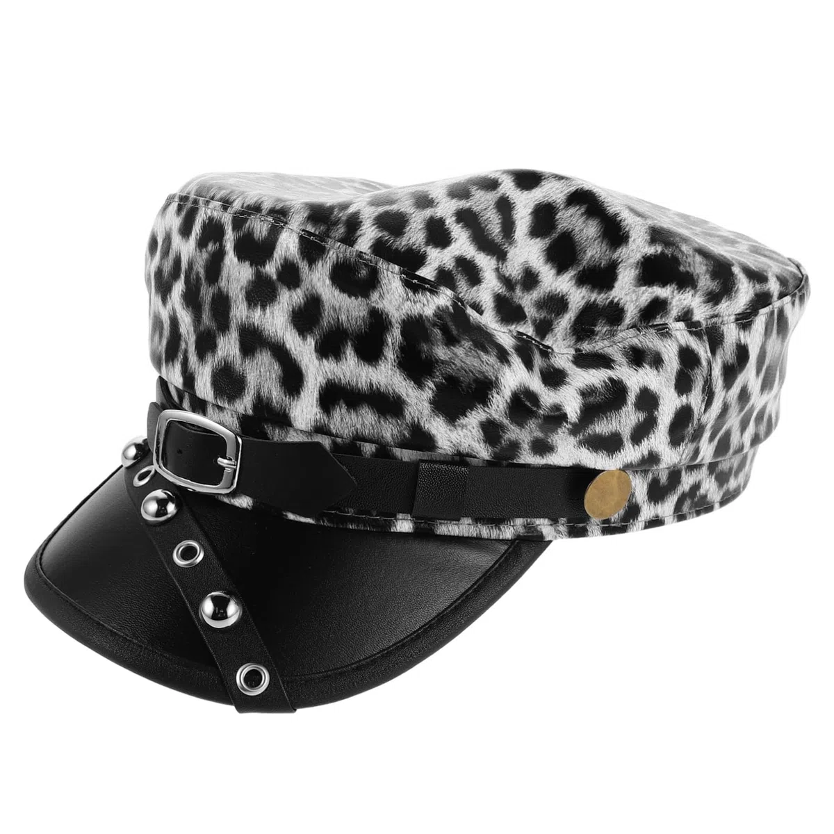 COLLBATH Leopard Print Punk Beret Cap Damen Pu-Leder Flat Top Newsboy Mütze Künstler Stil Vielseitig Winter Streetwear
