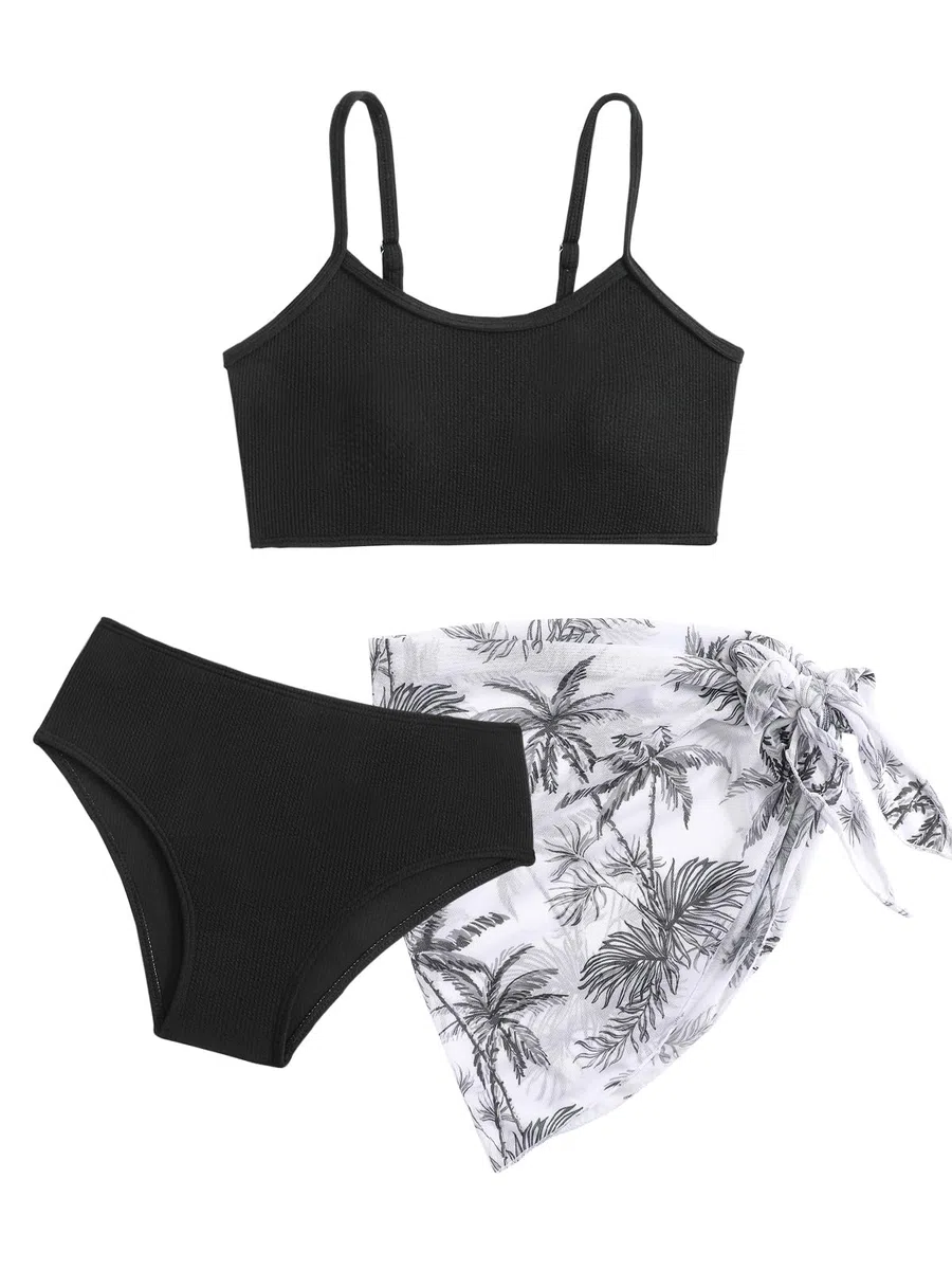 Mädchen-Bikini-Set mit Röcken, Geripptes Badeanzug-3-Teil-Set, Schwimmbekleidung für Teenager, Größen 9 10 11 12 13 14 Jahre (128,134,140,146,152,158,164)